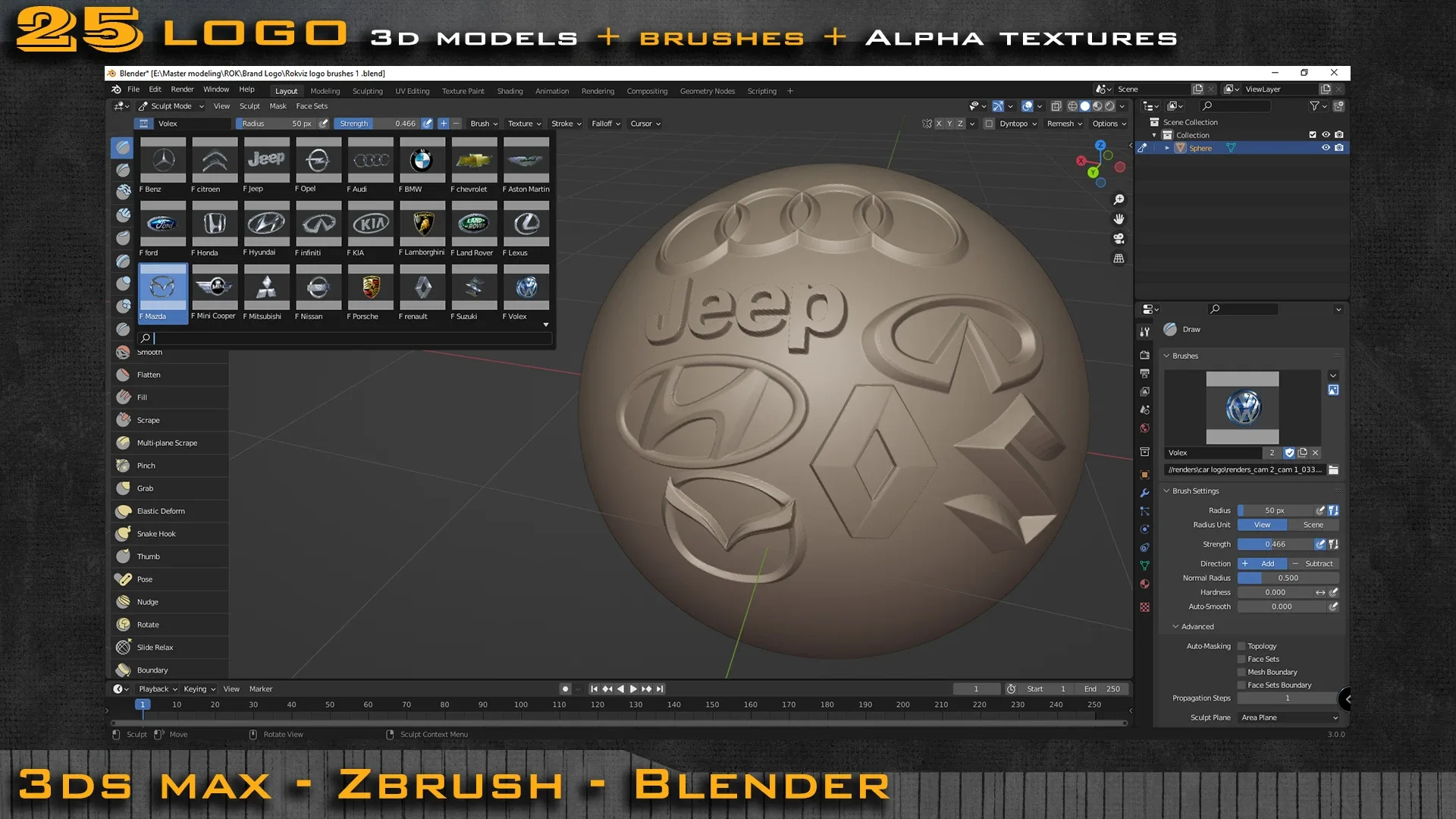 25 Car Logo 3d model + ZBrush and Blender Brushes + Alpha Texture