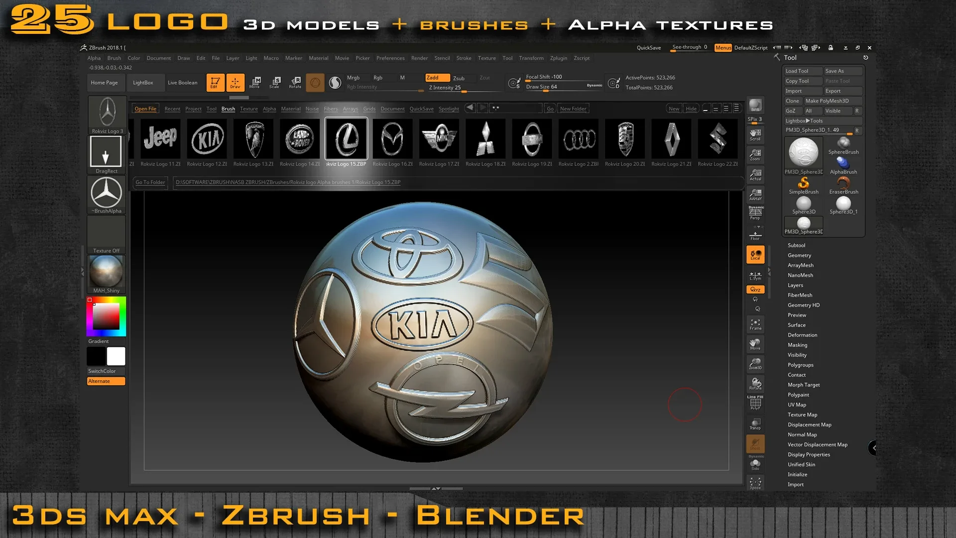 25 Car Logo 3d model + ZBrush and Blender Brushes + Alpha Texture