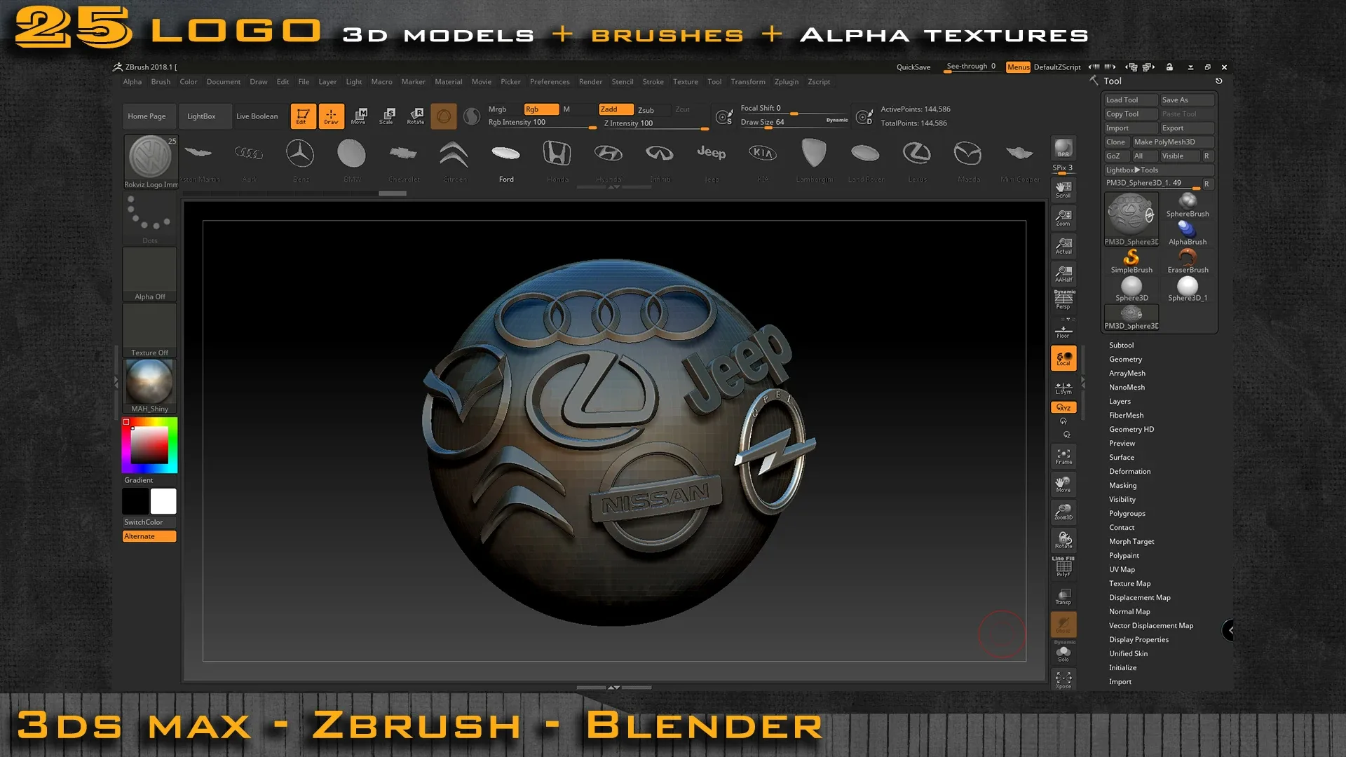 25 Car Logo 3d model + ZBrush and Blender Brushes + Alpha Texture