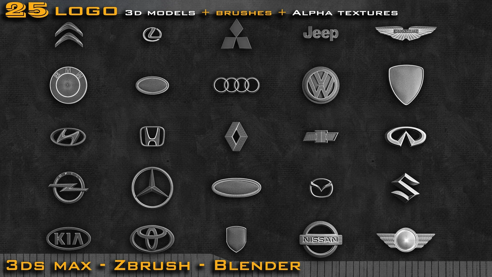 25 Car Logo 3d model + ZBrush and Blender Brushes + Alpha Texture