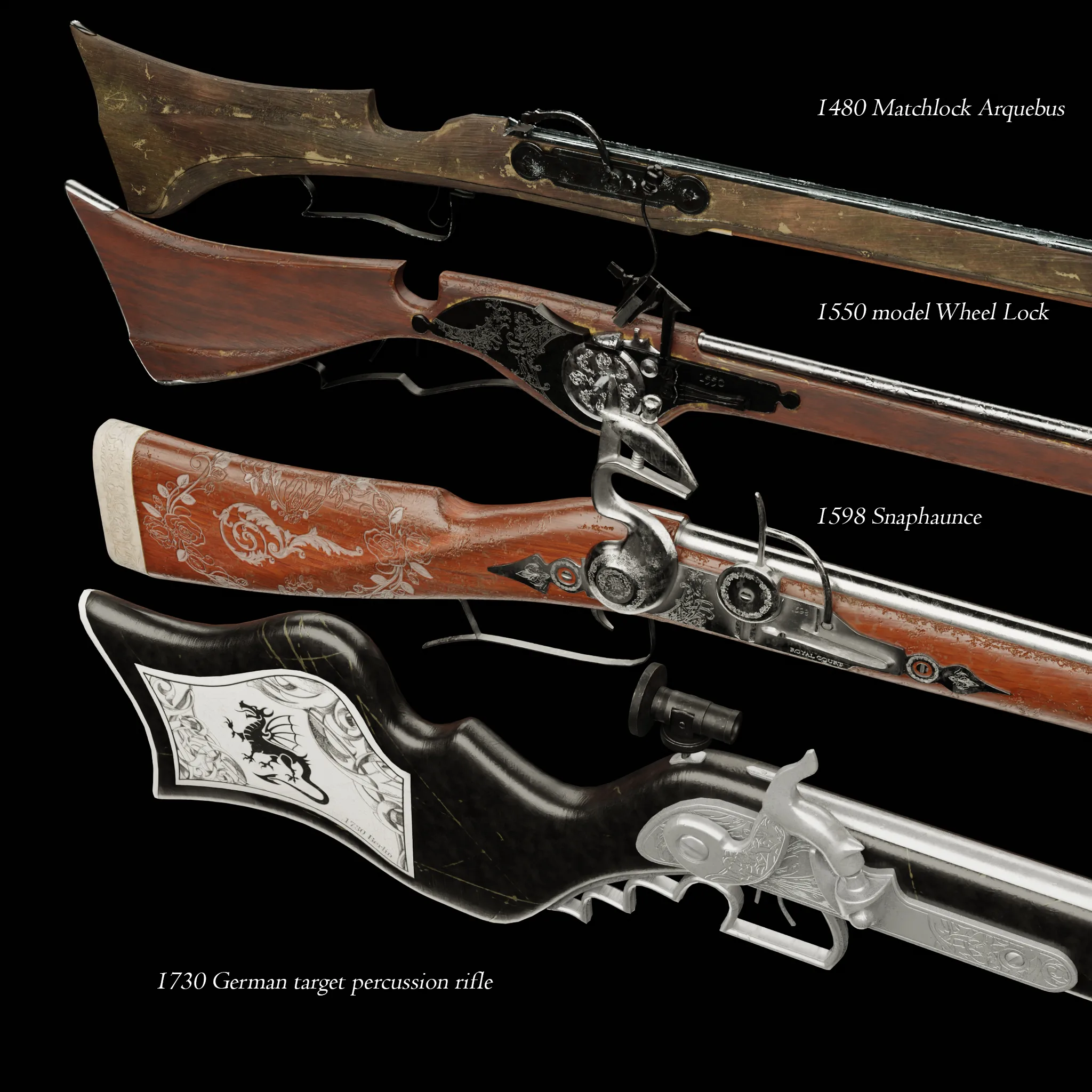 Antique Rifle Collection Basemesh &amp; high poly