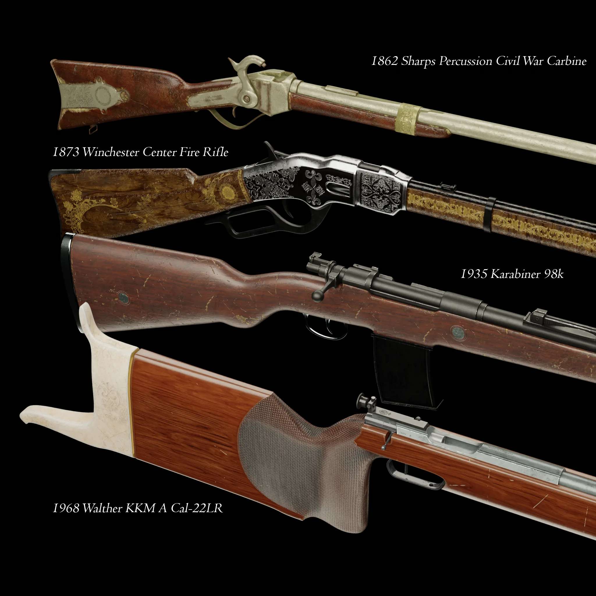 Antique Rifle Collection Basemesh &amp; high poly