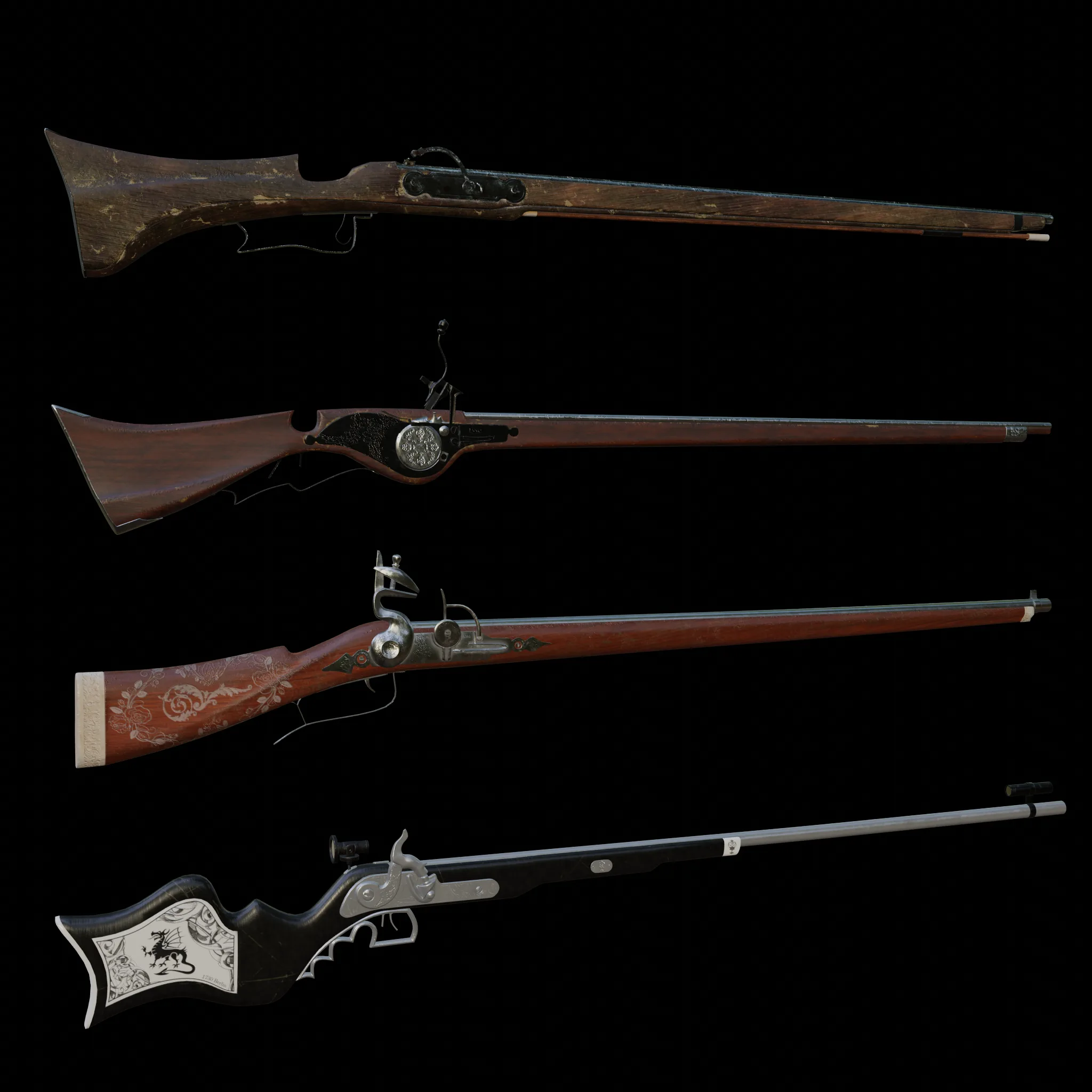 Antique Rifle Collection Basemesh &amp; high poly