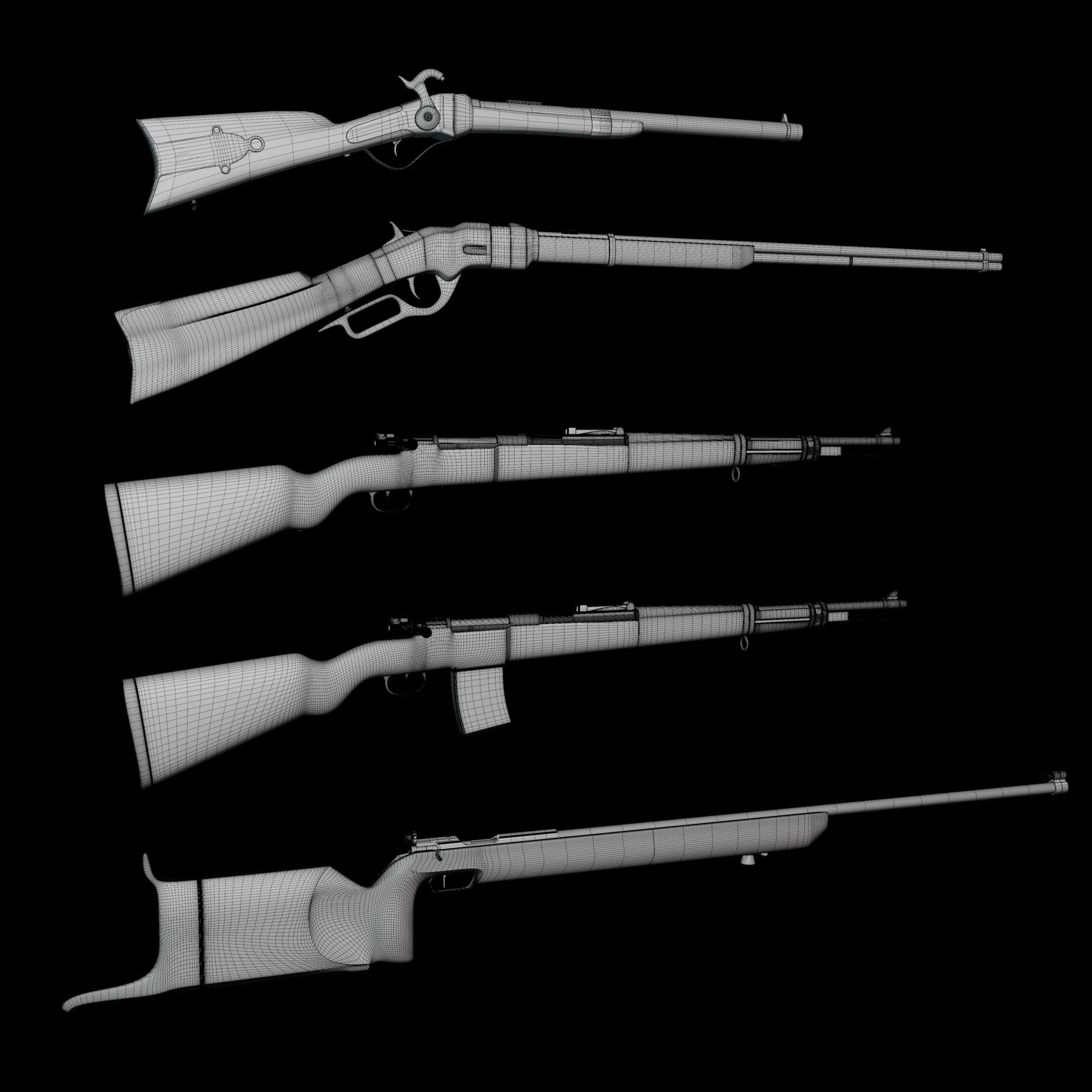 Antique Rifle Collection Basemesh &amp; high poly