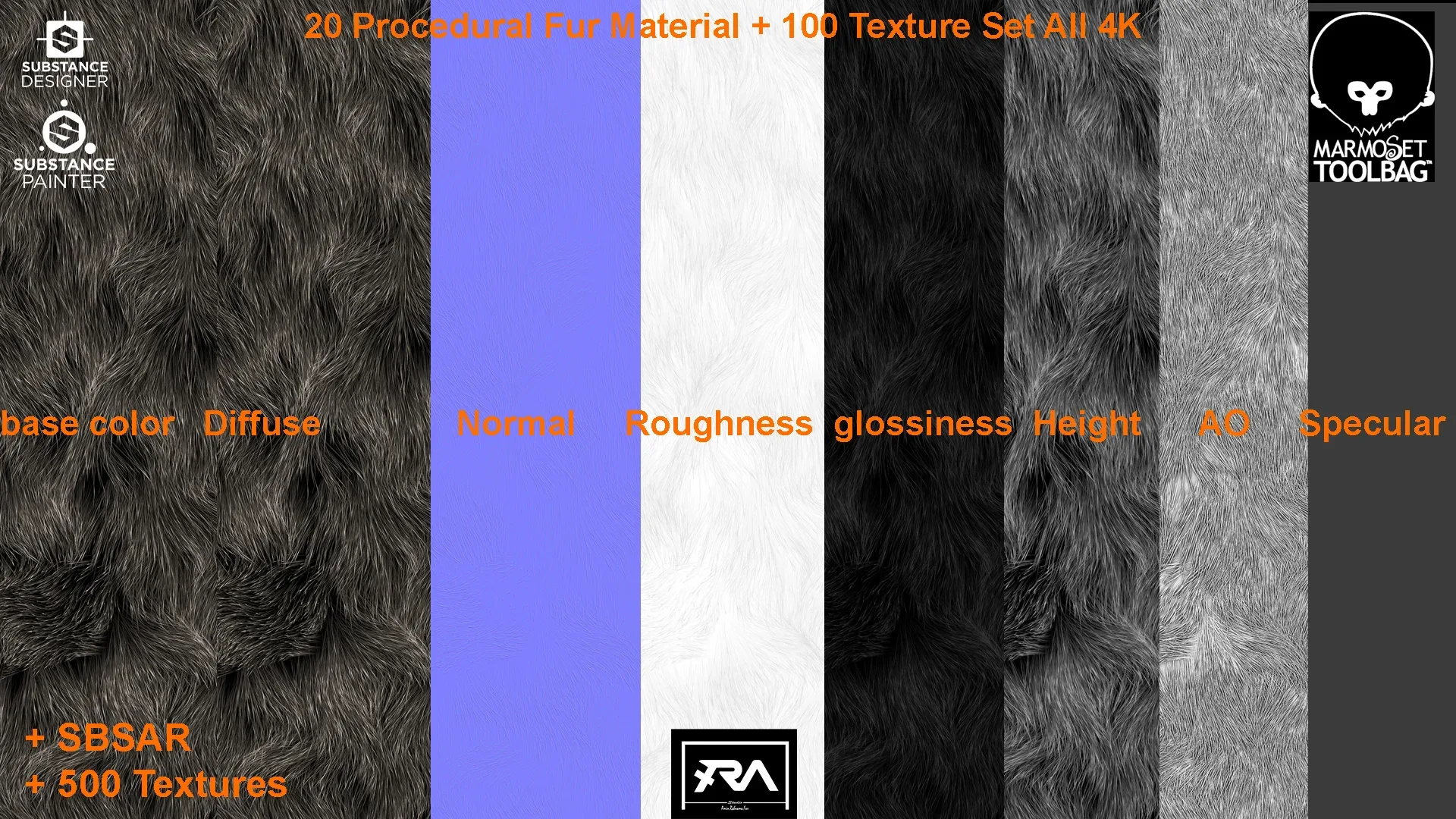 20 Procedural Fur Material (Tileable) + 100 Texture Set (500 Texture 4K - 5 Different Color)