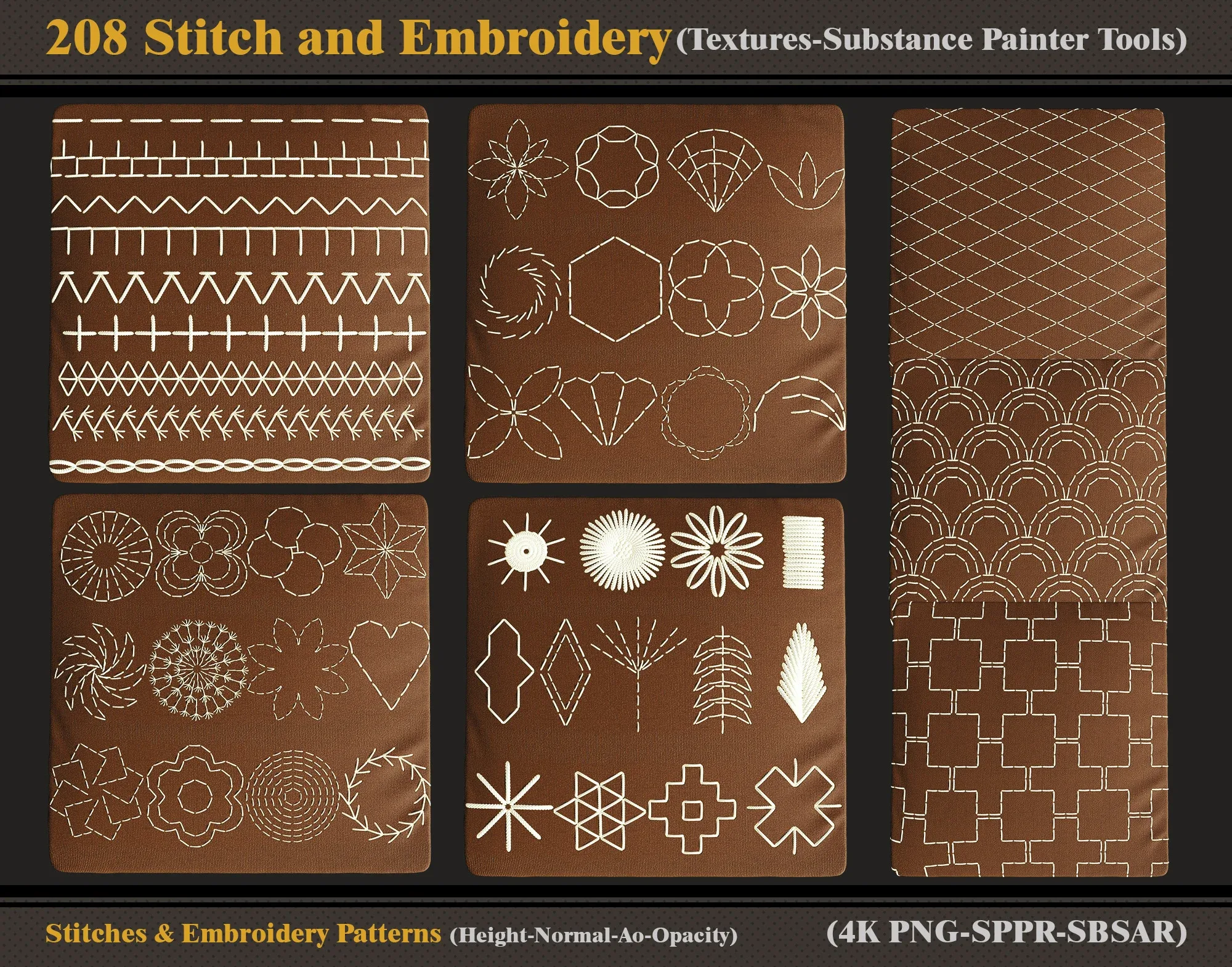 208 Stitch and Embroidery Patterns (Textures-sbsar-sppr-Alpha)