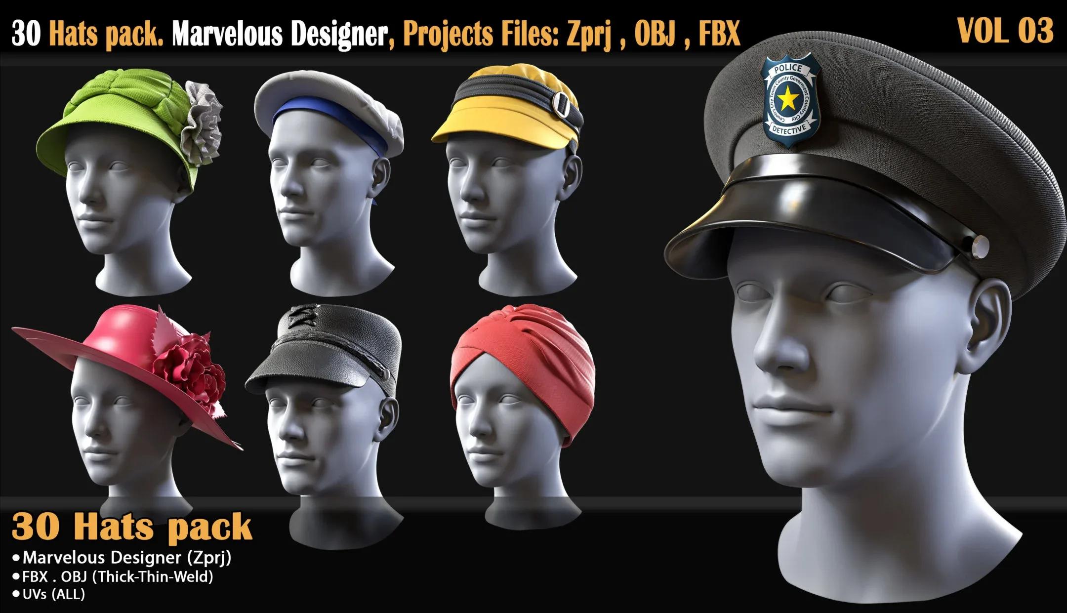 30 Hats pack. Marvelous Designer, Projects Files: Zprj , OBJ , FBX