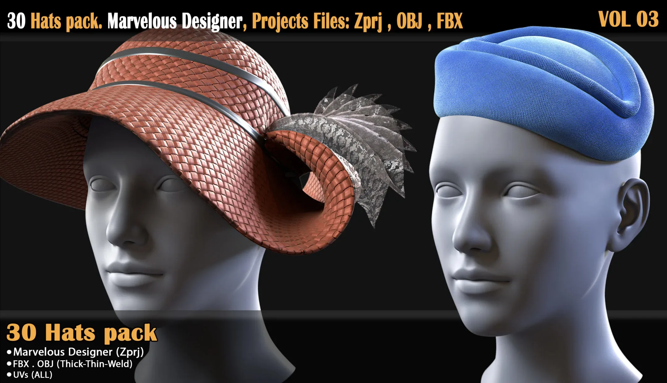 30 Hats pack. Marvelous Designer, Projects Files: Zprj , OBJ , FBX