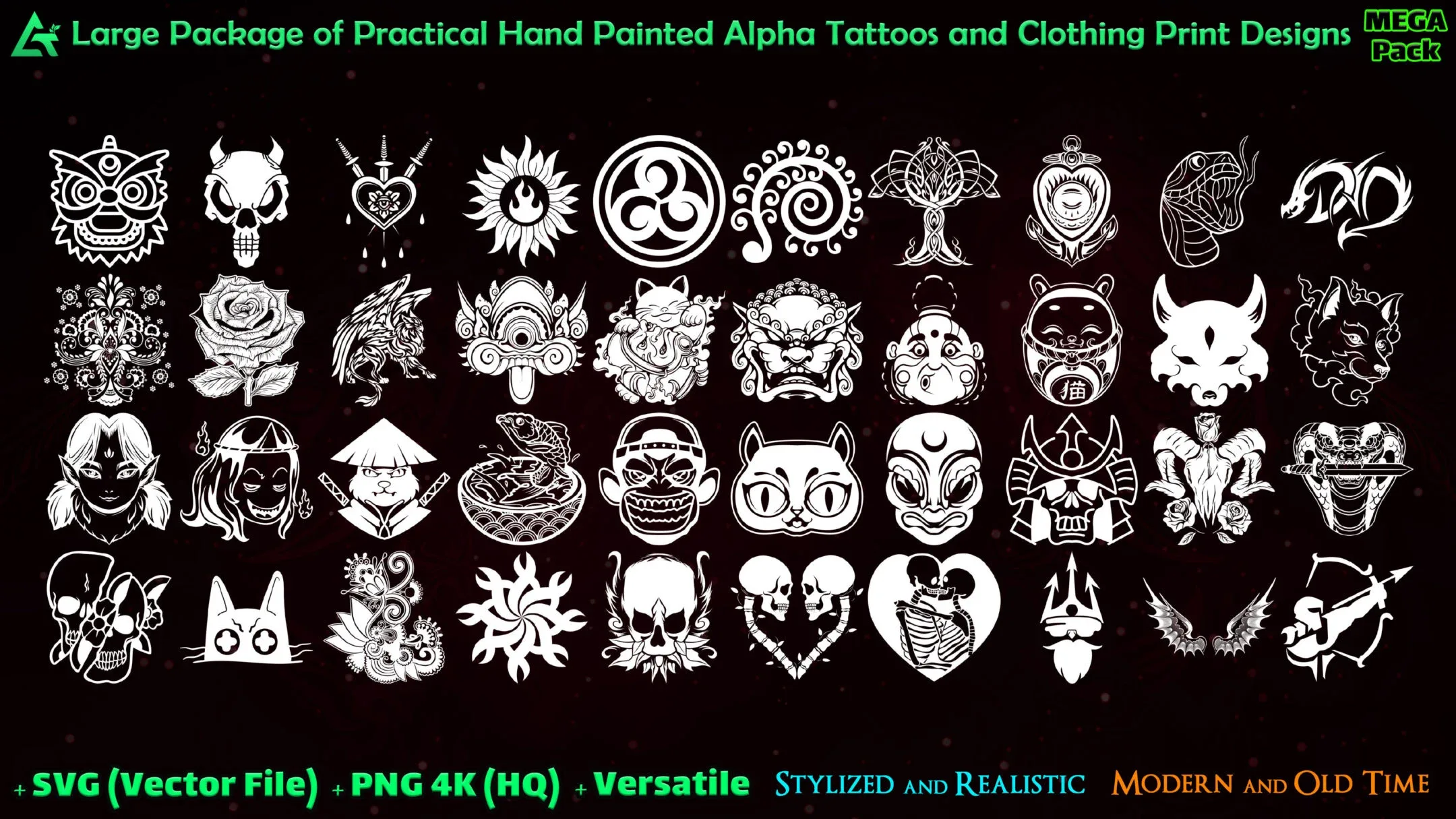 1600 Hand Painted Alpha Tattoos and Clothing Print Designs (MEGA Pack) - Third version of Alpha Tattoos - Vol 21