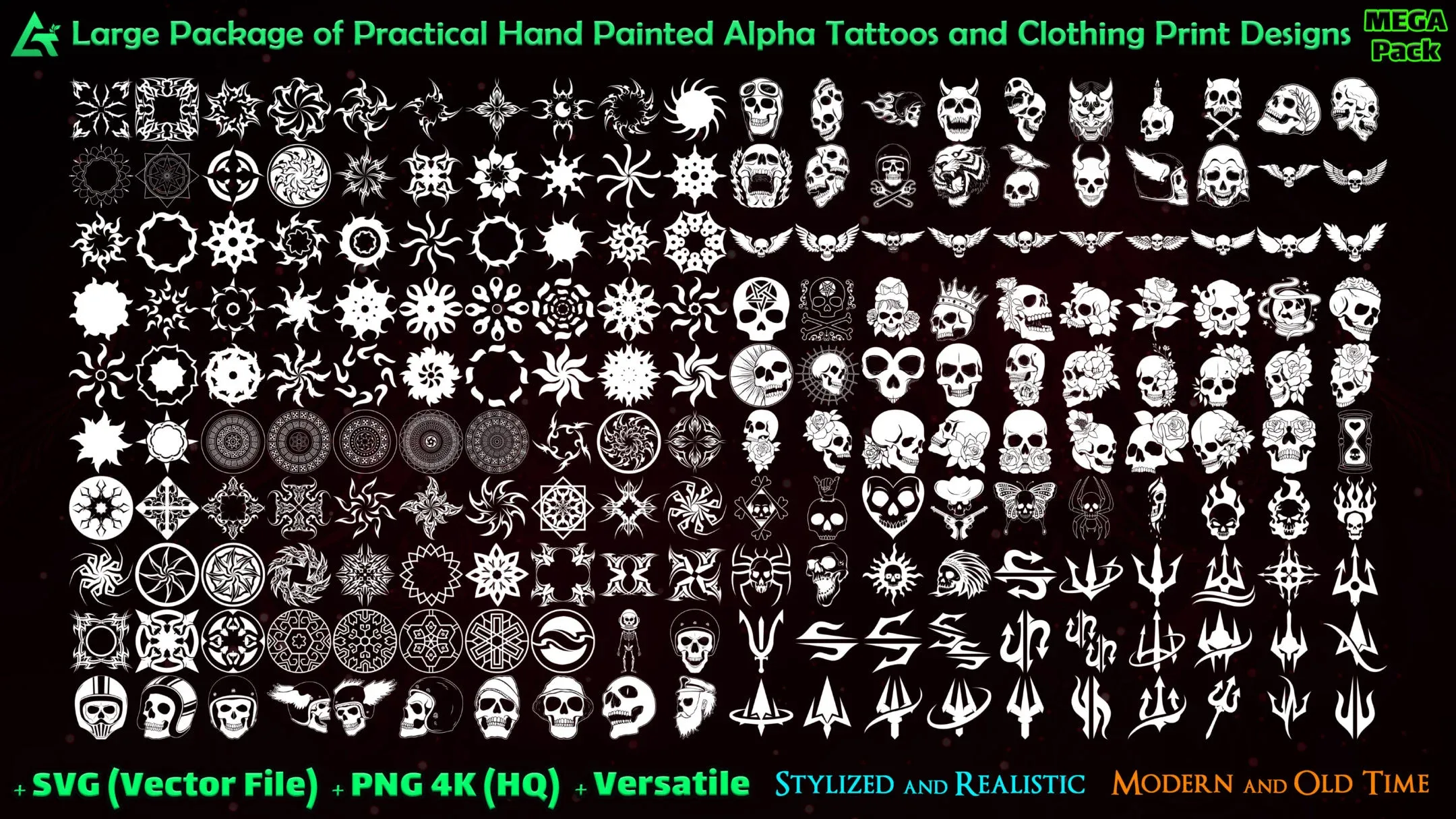 1600 Hand Painted Alpha Tattoos and Clothing Print Designs (MEGA Pack) - Third version of Alpha Tattoos - Vol 21