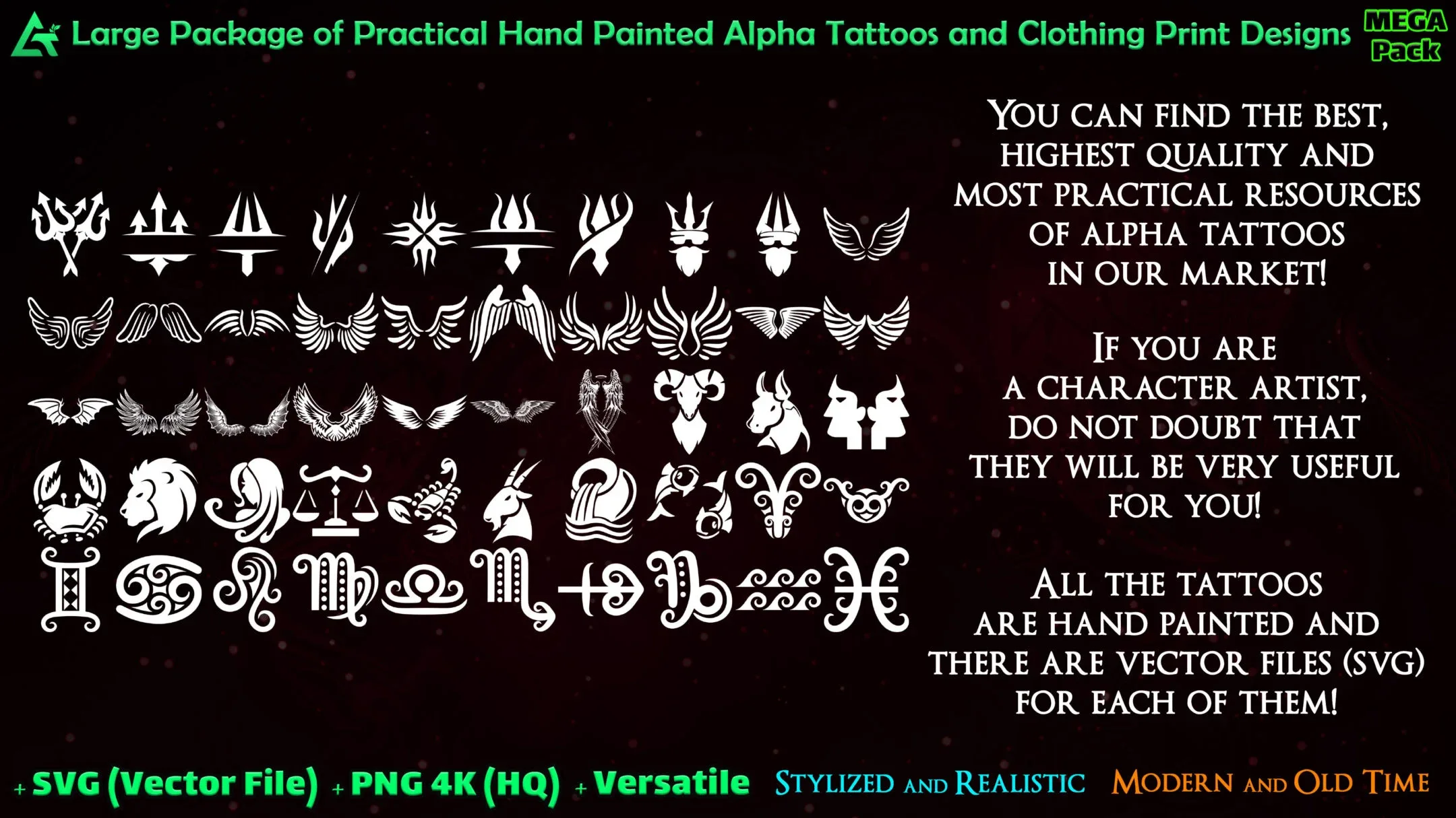 1600 Hand Painted Alpha Tattoos and Clothing Print Designs (MEGA Pack) - Third version of Alpha Tattoos - Vol 21