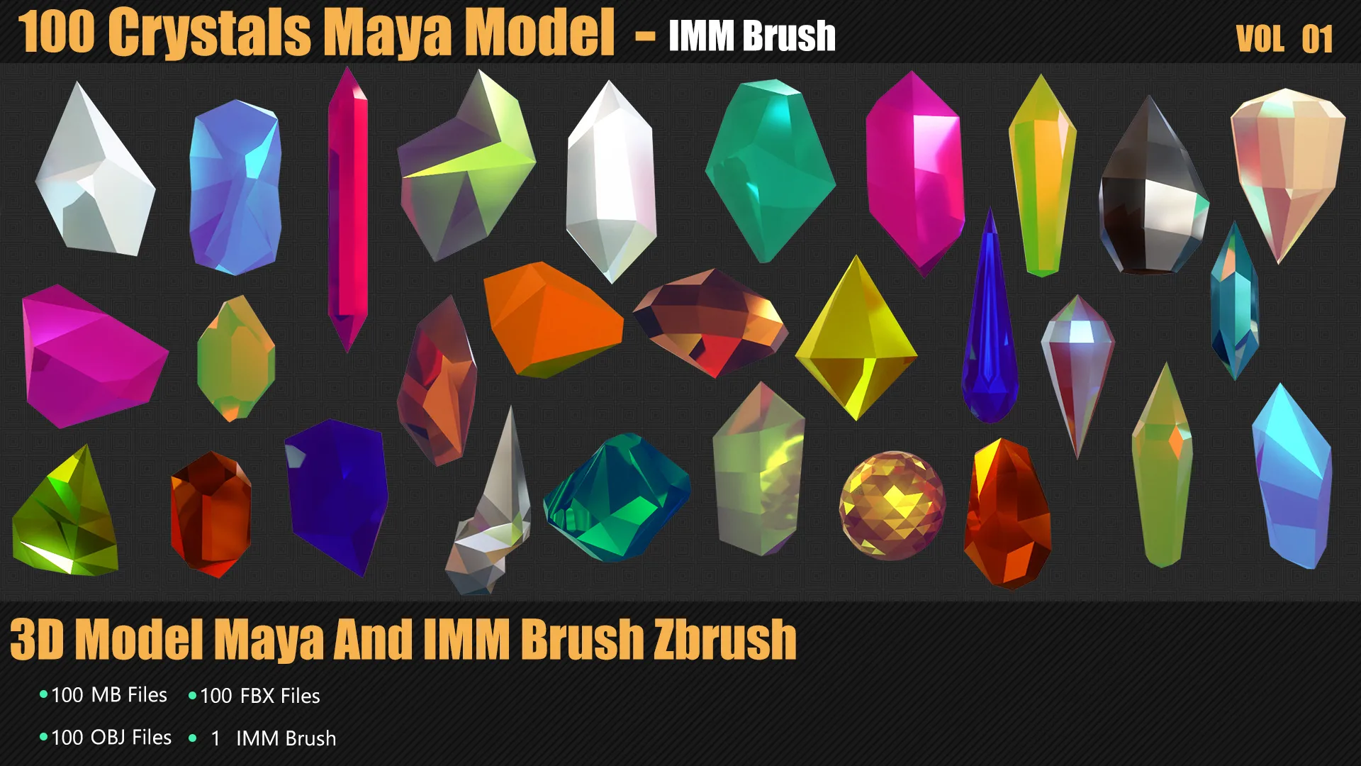 100 Crystals 3D Model And Brush Zbrush