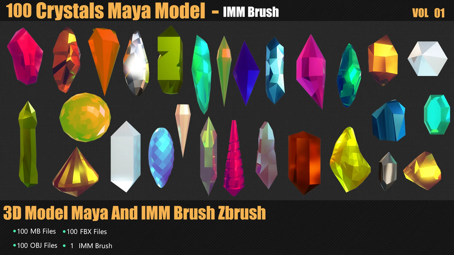 100 Crystals 3D Model And Brush Zbrush