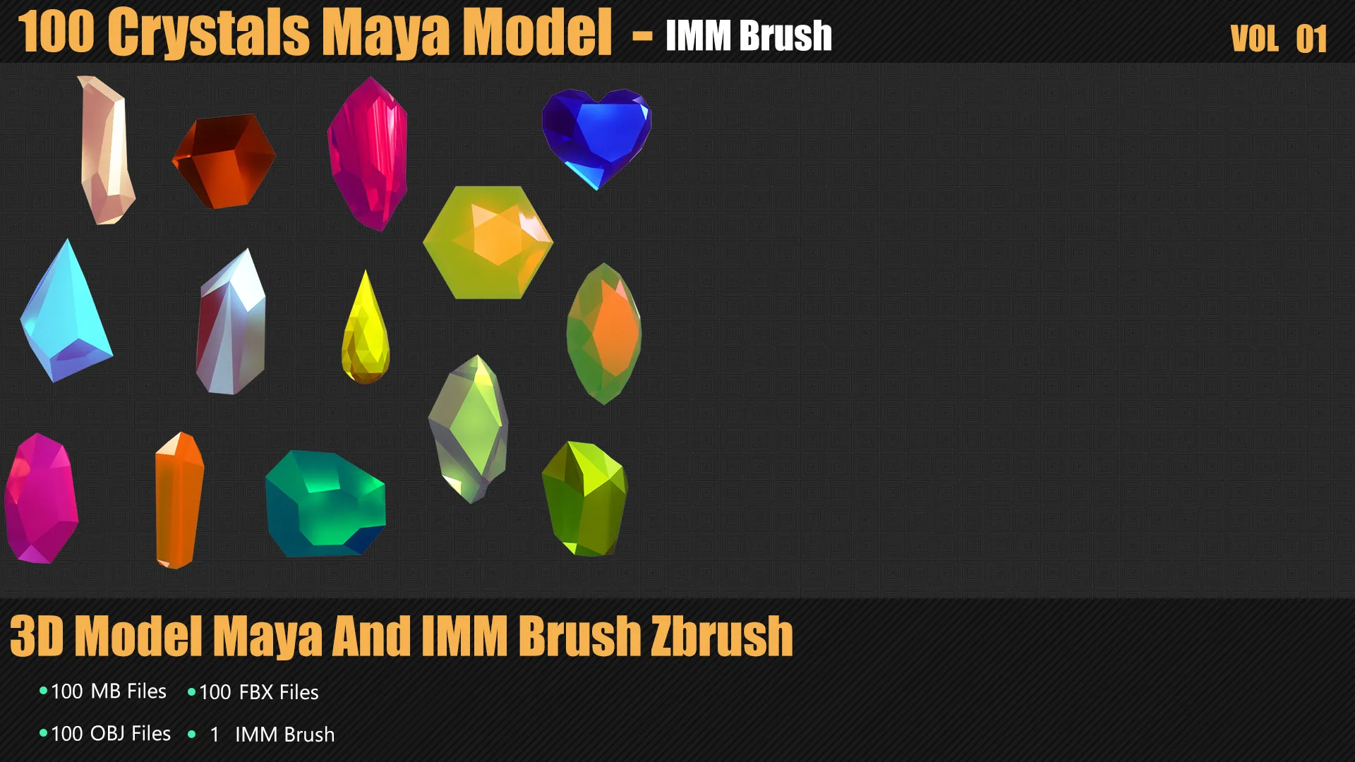 100 Crystals 3D Model And Brush Zbrush