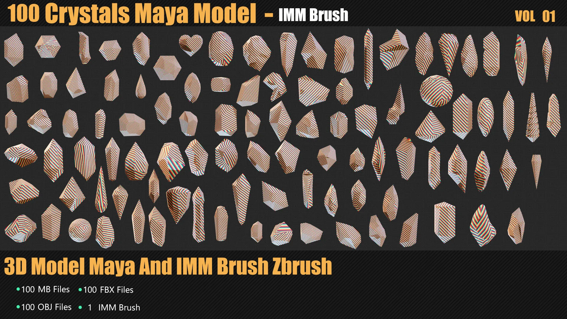 100 Crystals 3D Model And Brush Zbrush