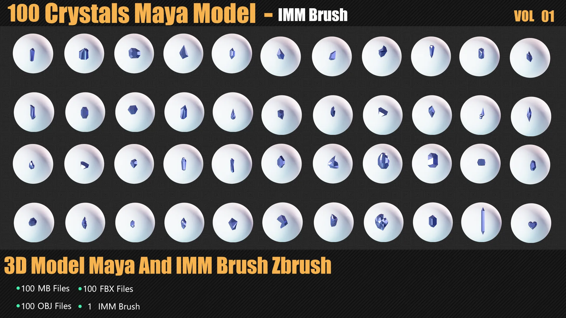100 Crystals 3D Model And Brush Zbrush