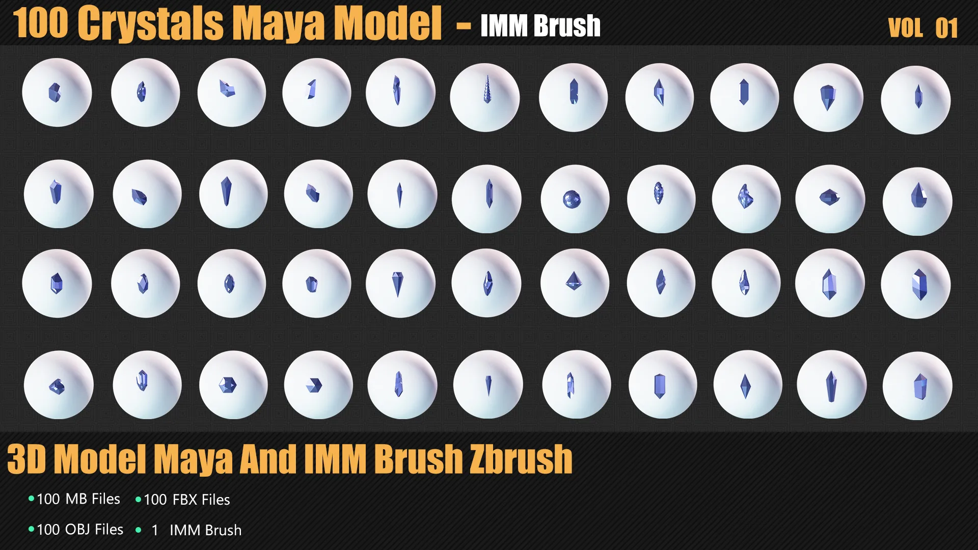 100 Crystals 3D Model And Brush Zbrush