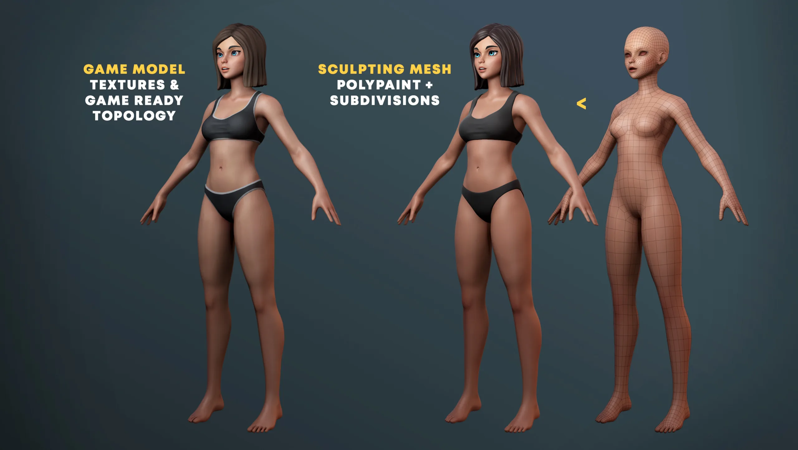 Stylized Anime Girl Full-body Game Model & Basemesh