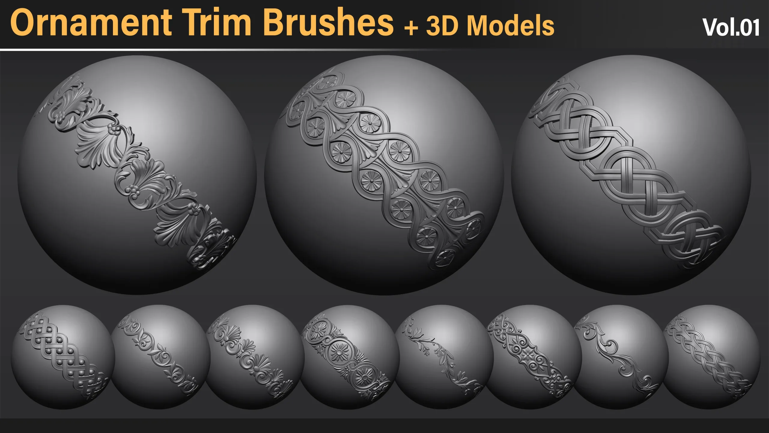 60 Ornament Trim Brushes + Alphas + 3D Models Vol.1