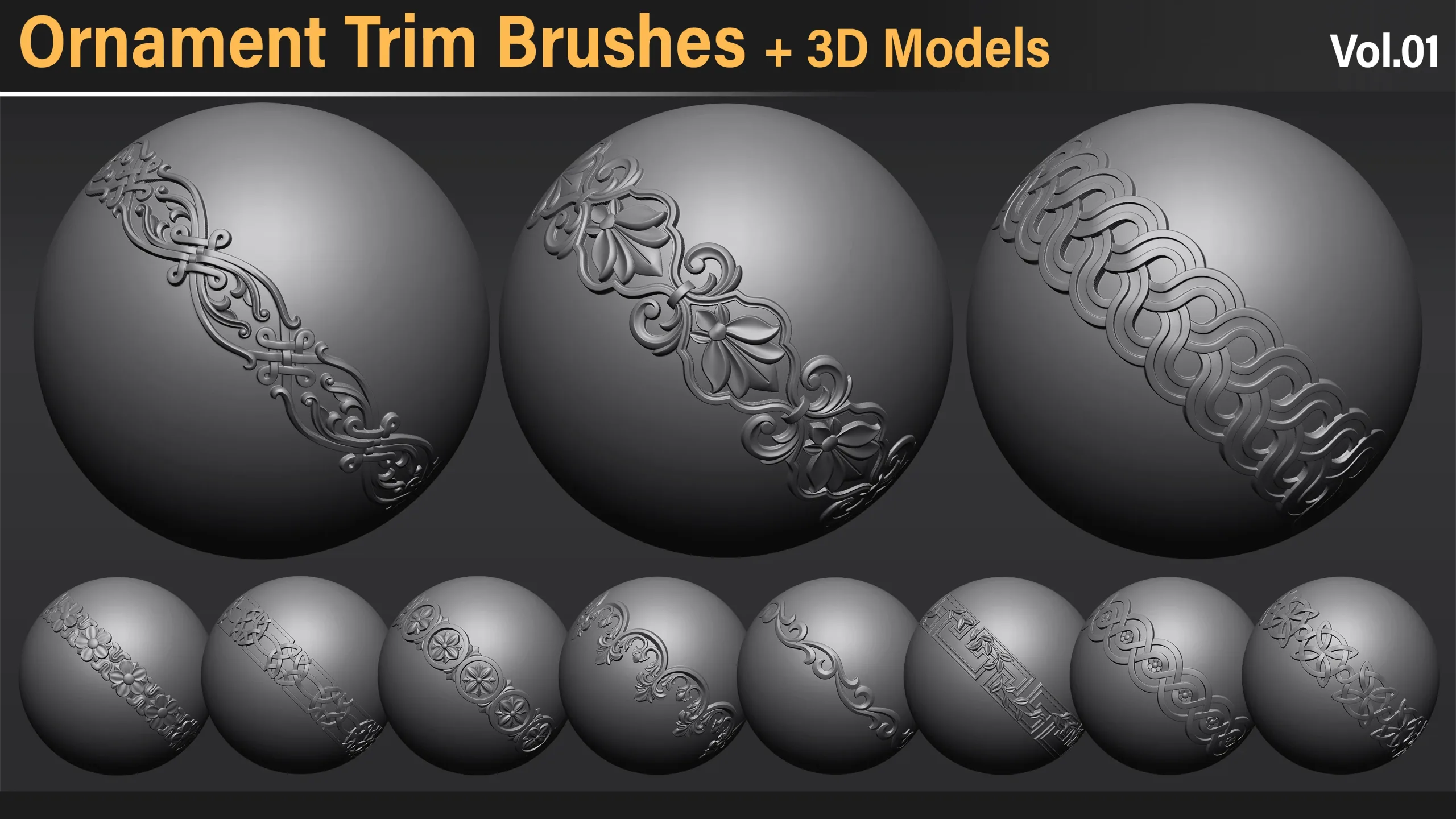 60 Ornament Trim Brushes + Alphas + 3D Models Vol.1