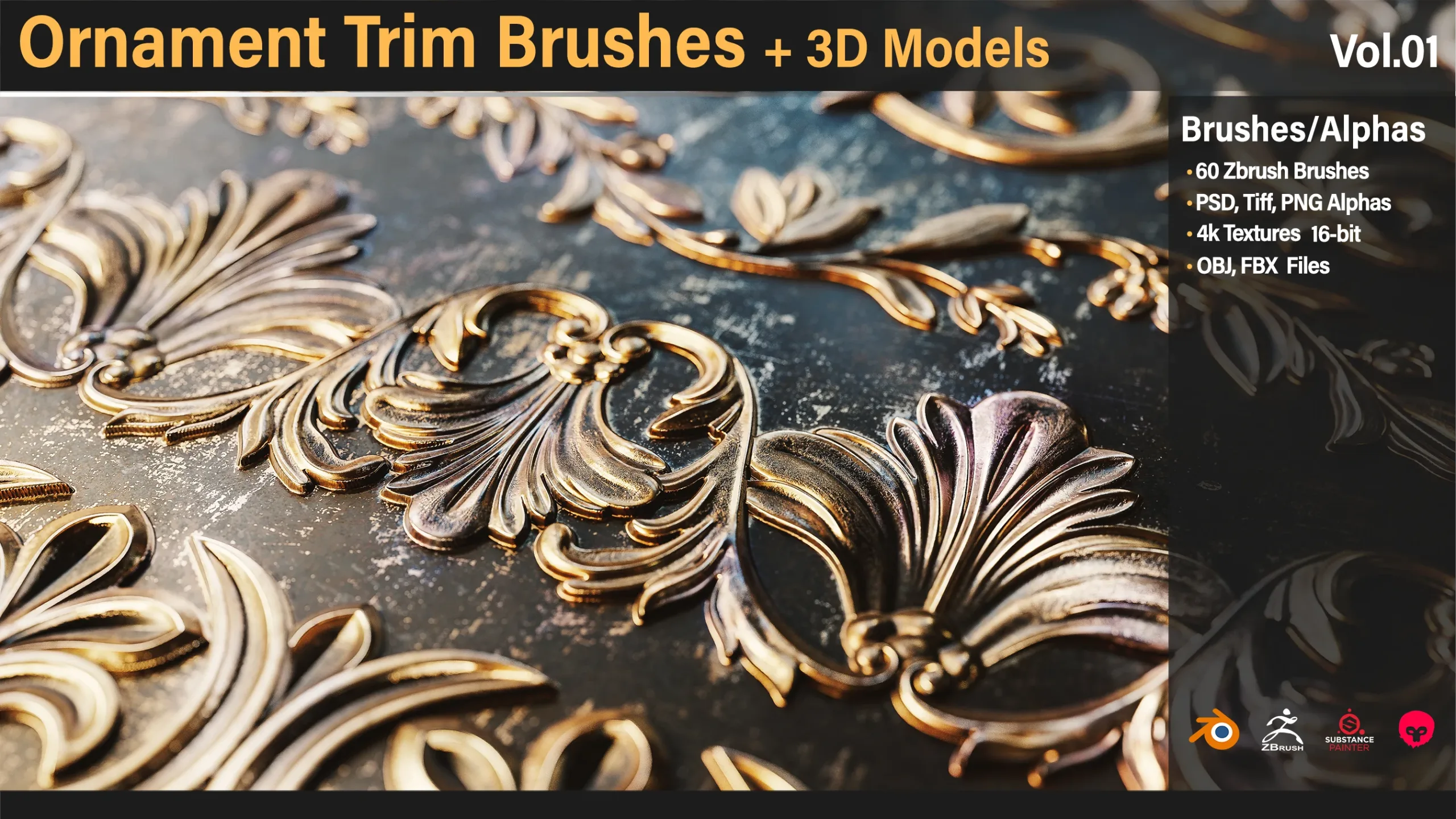 60 Ornament Trim Brushes + Alphas + 3D Models Vol.1