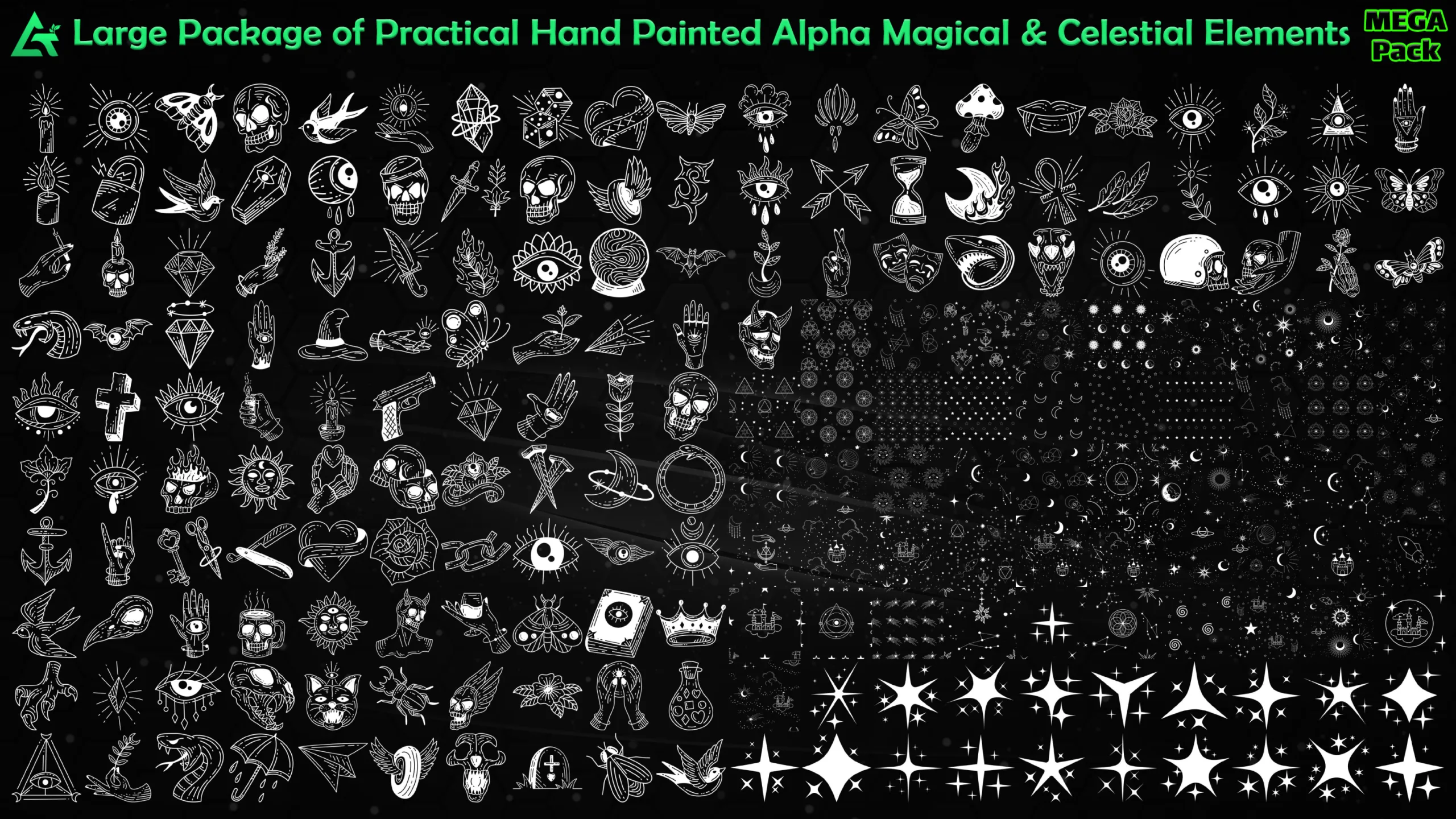 1400 Hand Painted Alpha Magical & Celestial Signs and Elements (MEGA Pack) - Vol 24