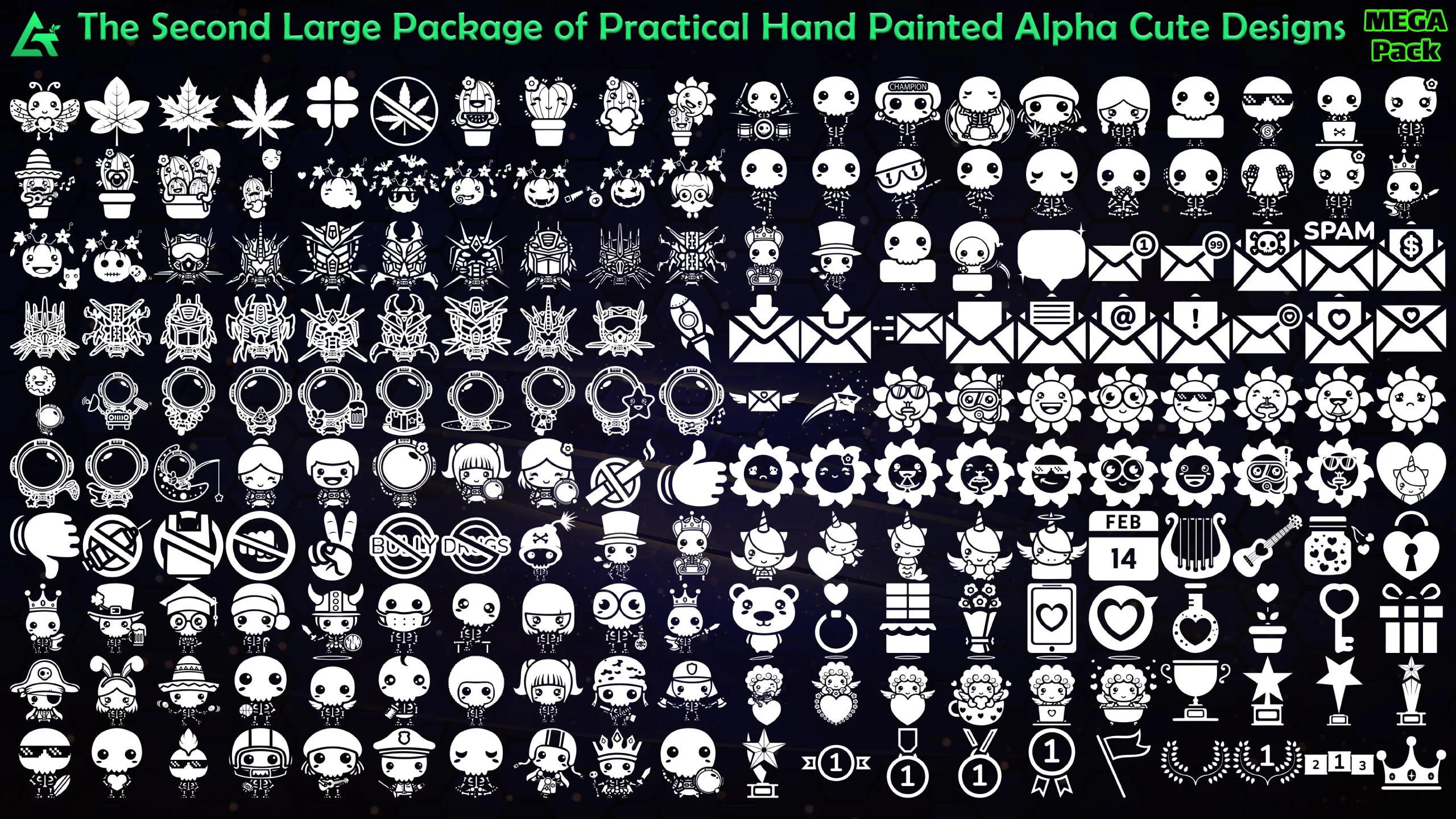 1450 Hand Painted Alpha Cute Designs (MEGA Pack) - Second version of Cute Designs - Vol 28