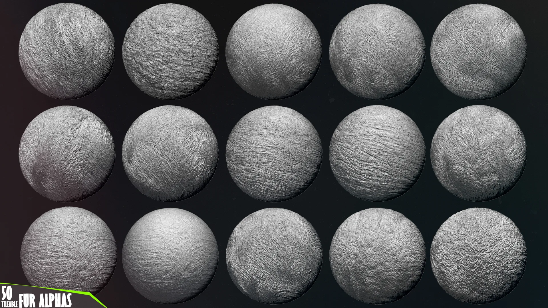 50 Fur and Hair Alphas (Tileable, Displacement Map) vol.5 for ZBrush, Substance