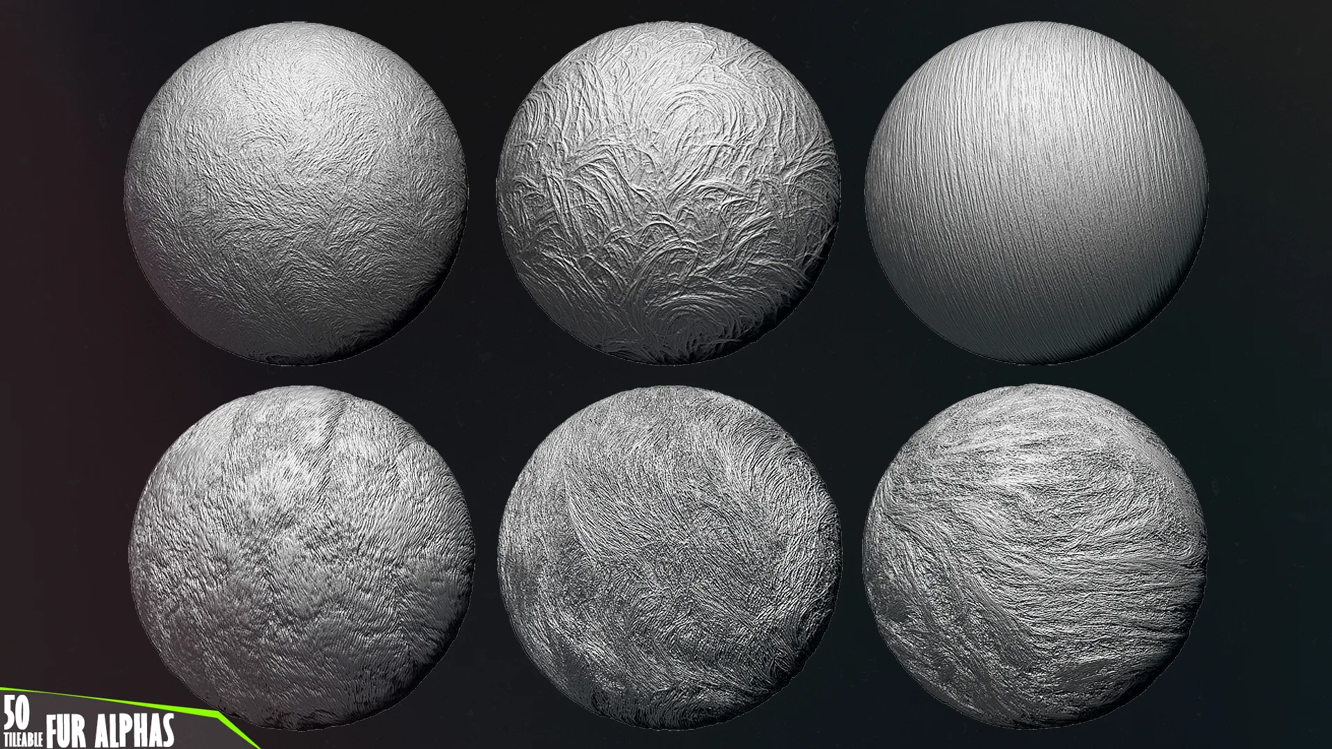 50 Fur and Hair Alphas (Tileable, Displacement Map) vol.5 for ZBrush, Substance