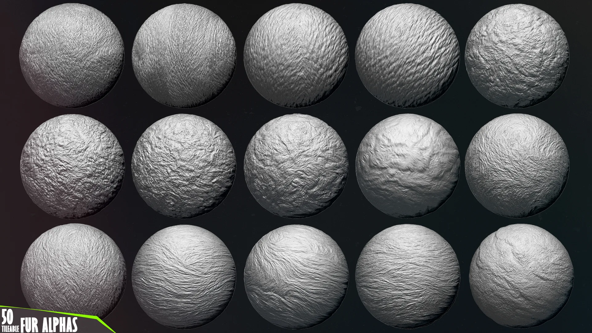 50 Fur and Hair Alphas (Tileable, Displacement Map) vol.5 for ZBrush, Substance