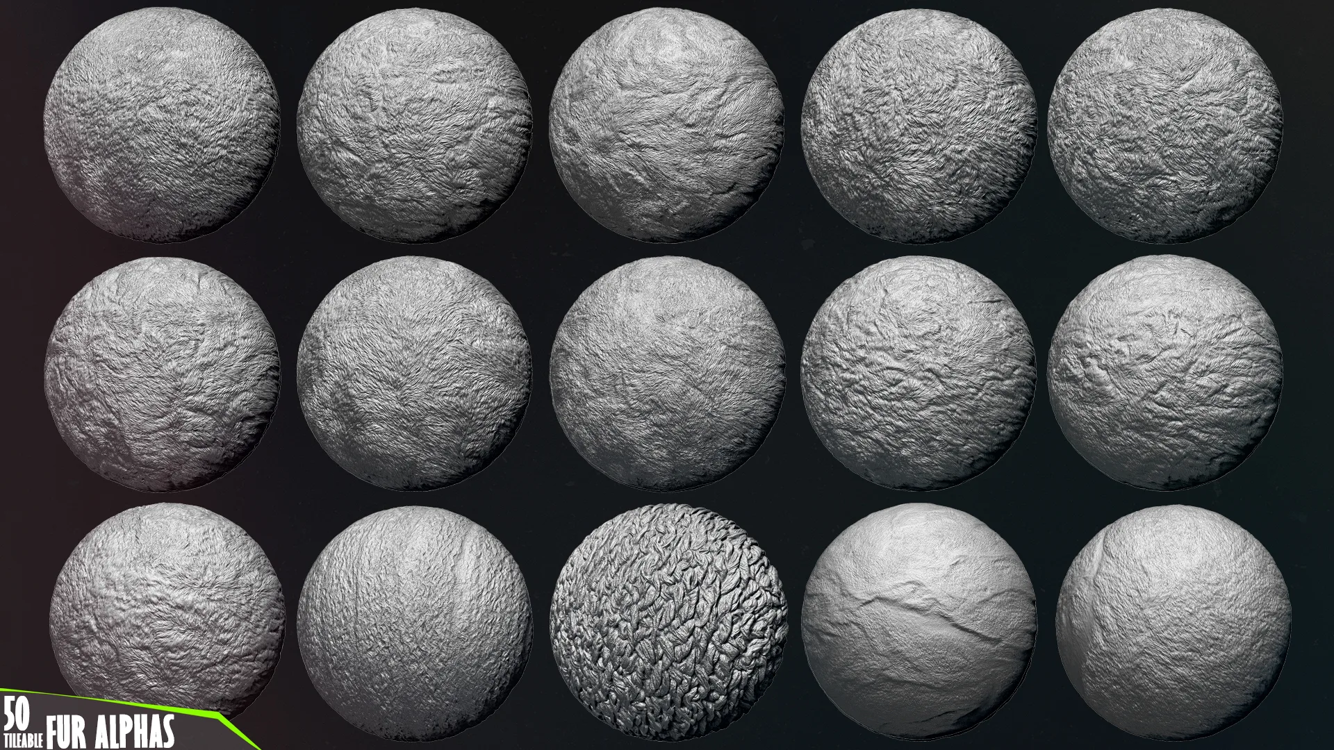 50 Fur and Hair Alphas (Tileable, Displacement Map) vol.5 for ZBrush, Substance