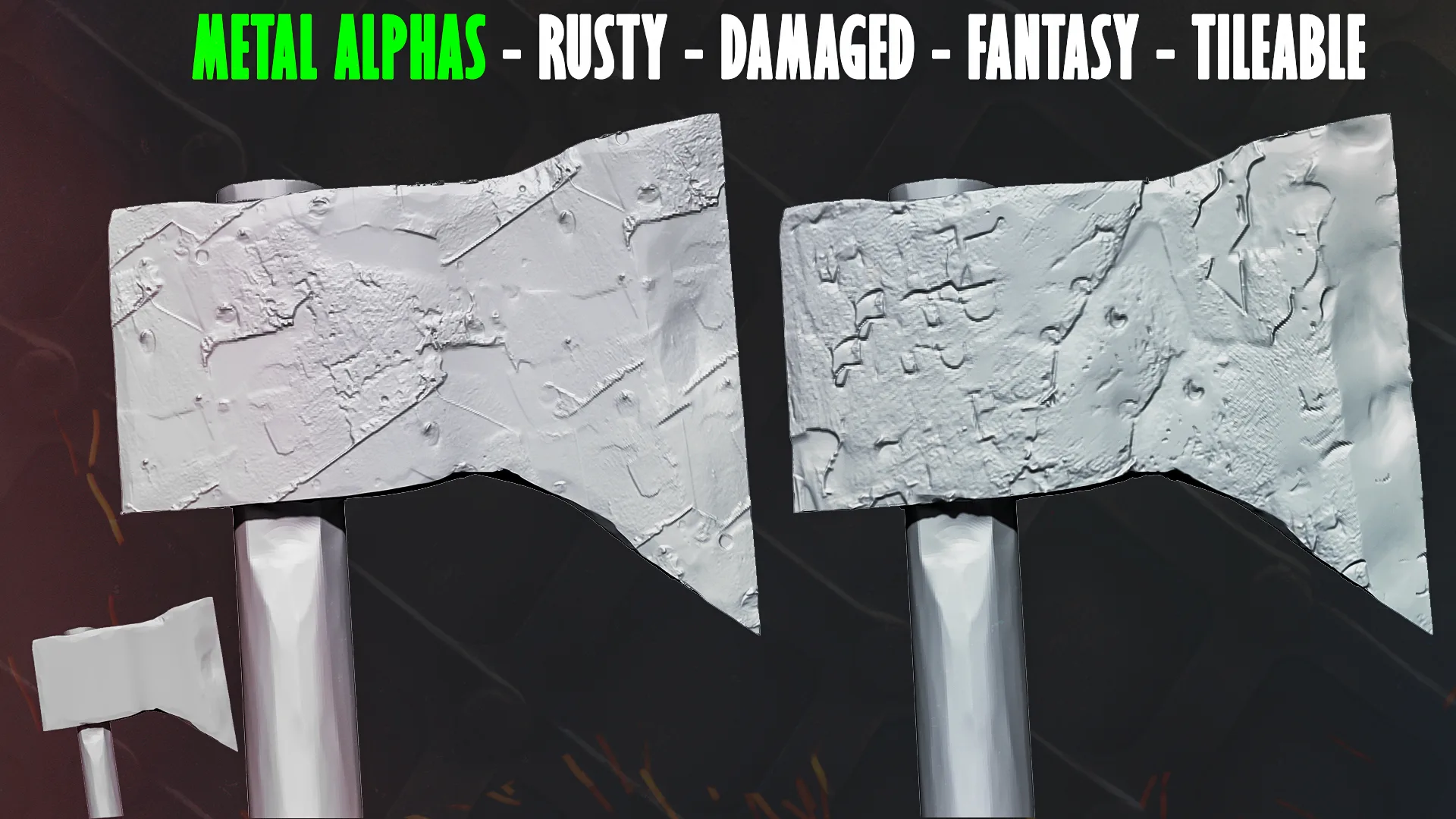 60+ Metal Alphas. Rusty Metal. Damaged Metal. Fantasy Metal. ZBrush. Blender. Tileable alphas.