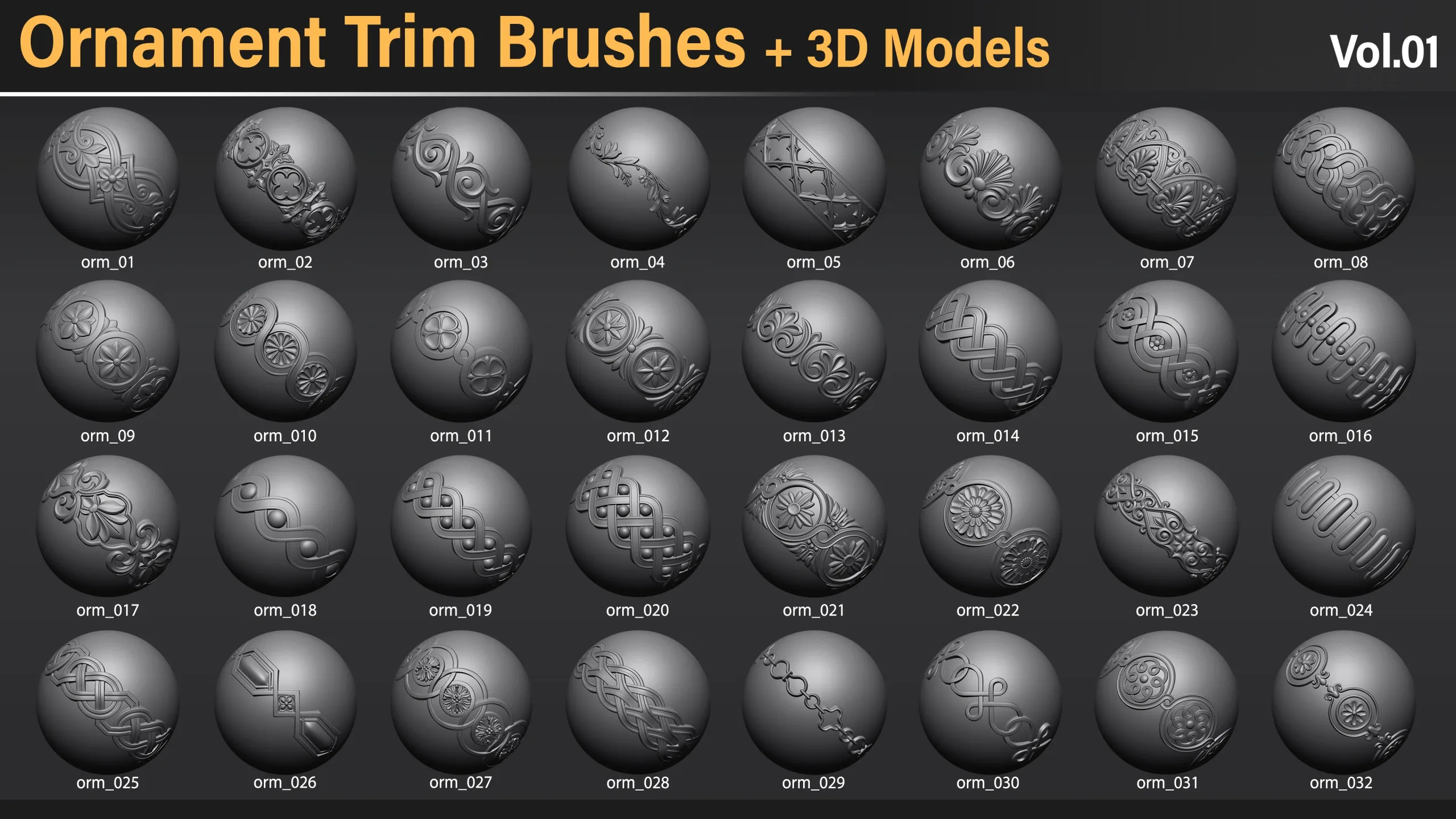 60 Ornament Trim Brushes + Alphas + 3D Models Vol.1