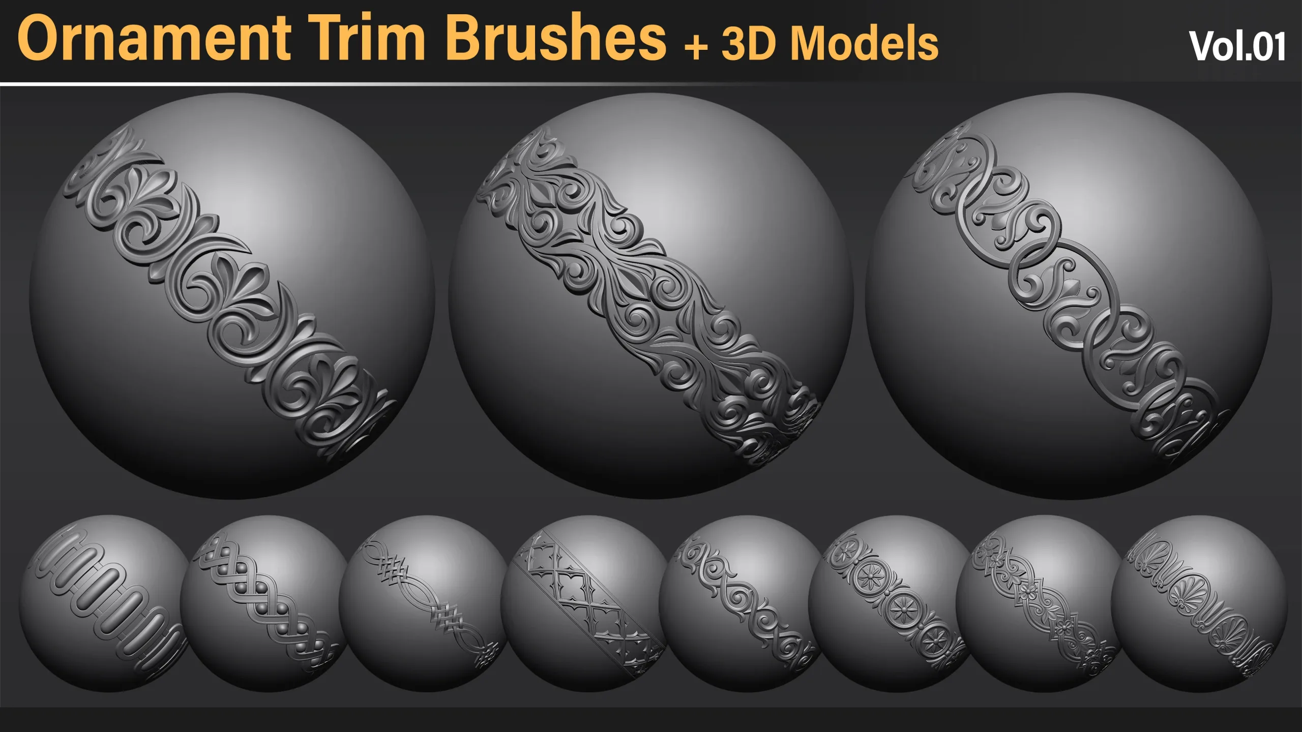 60 Ornament Trim Brushes + Alphas + 3D Models Vol.1