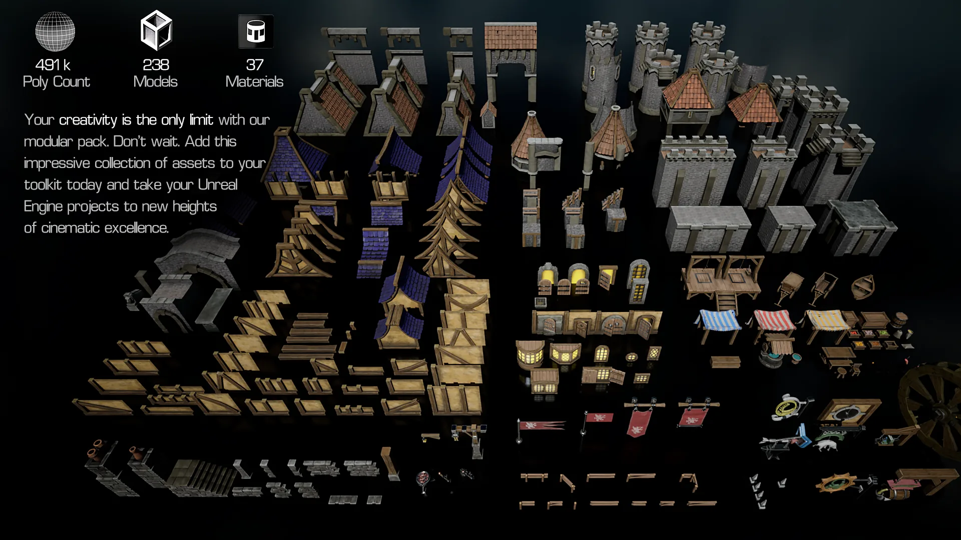 Blender & Unreal Engine 5: Medieval Cities & Castles Modular Kitbash Pack (250 pieces)