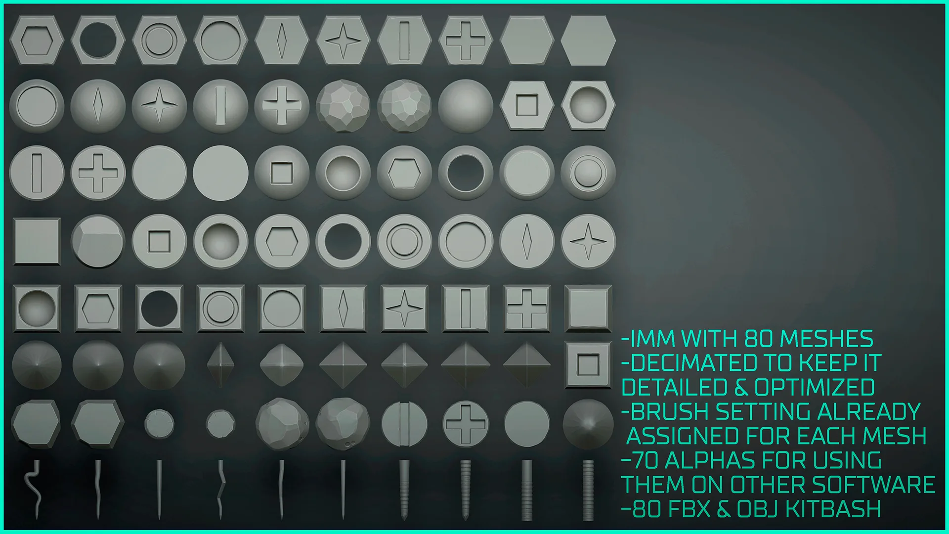 Stylized Rivet, Screws, Bolts, Nuts & More - 80+ Insert mesh Zbrush