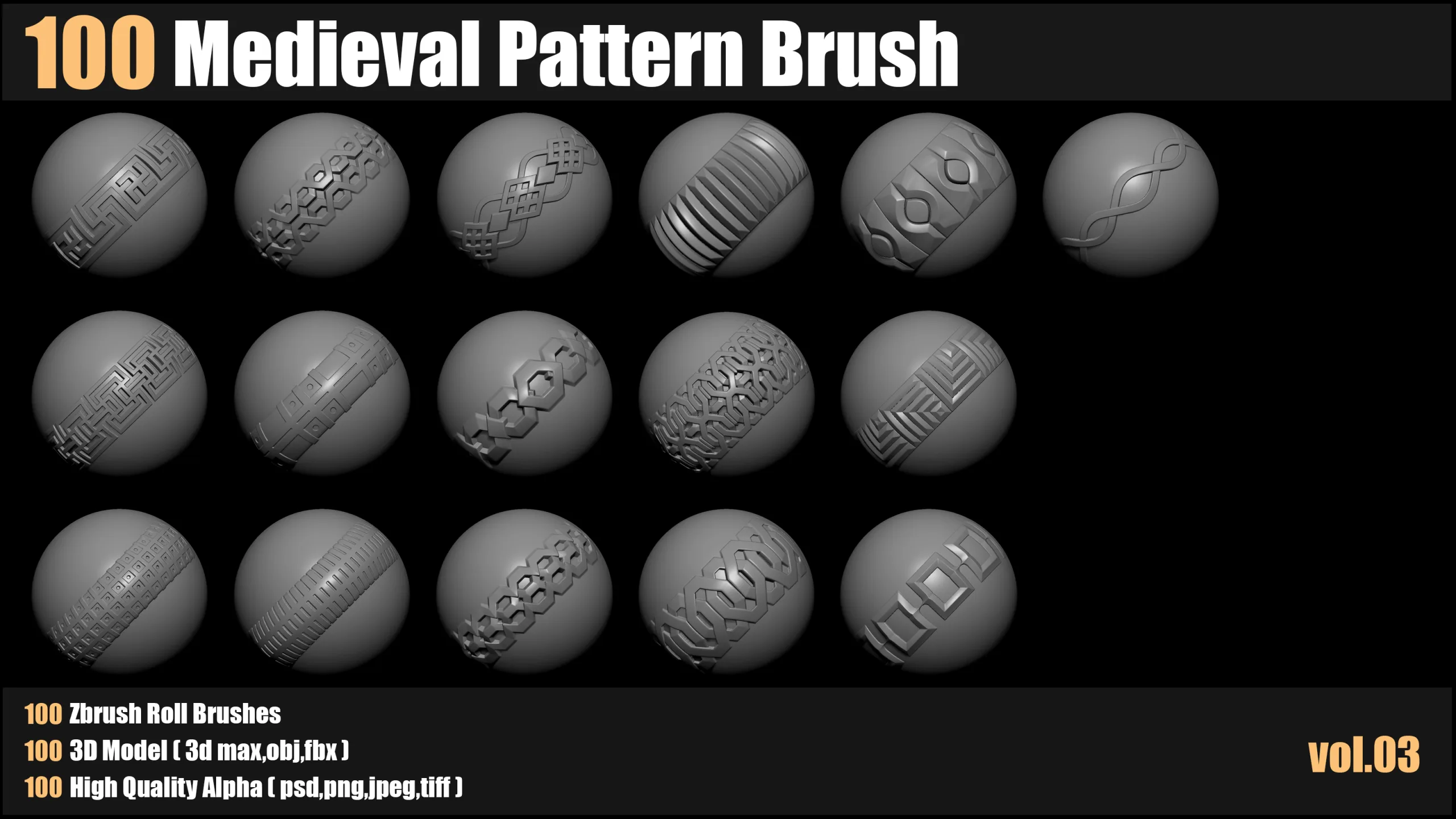 100 medieval Pattern Brush+3d Models+Alpha_VOL03