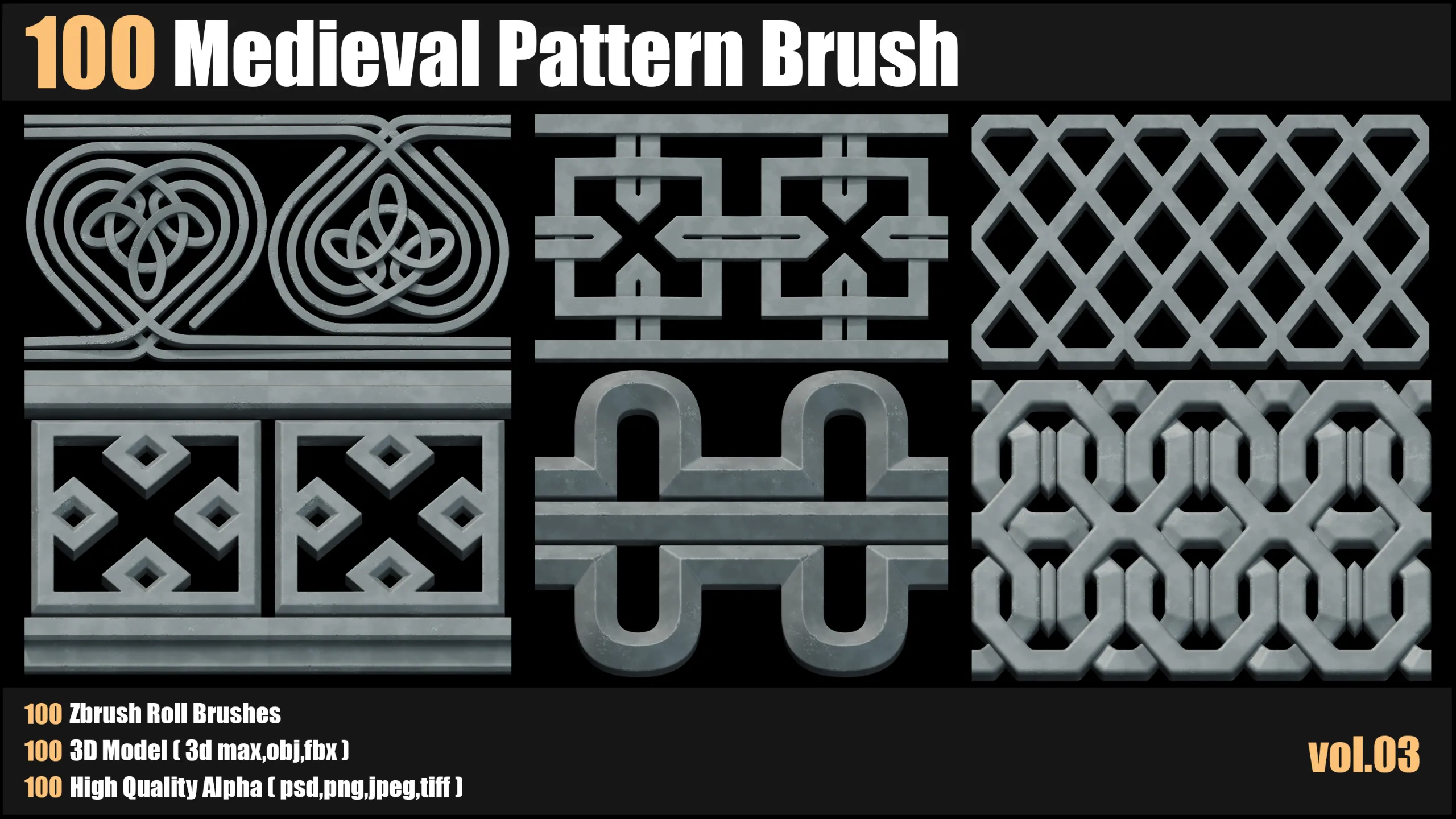 100 medieval Pattern Brush+3d Models+Alpha_VOL03