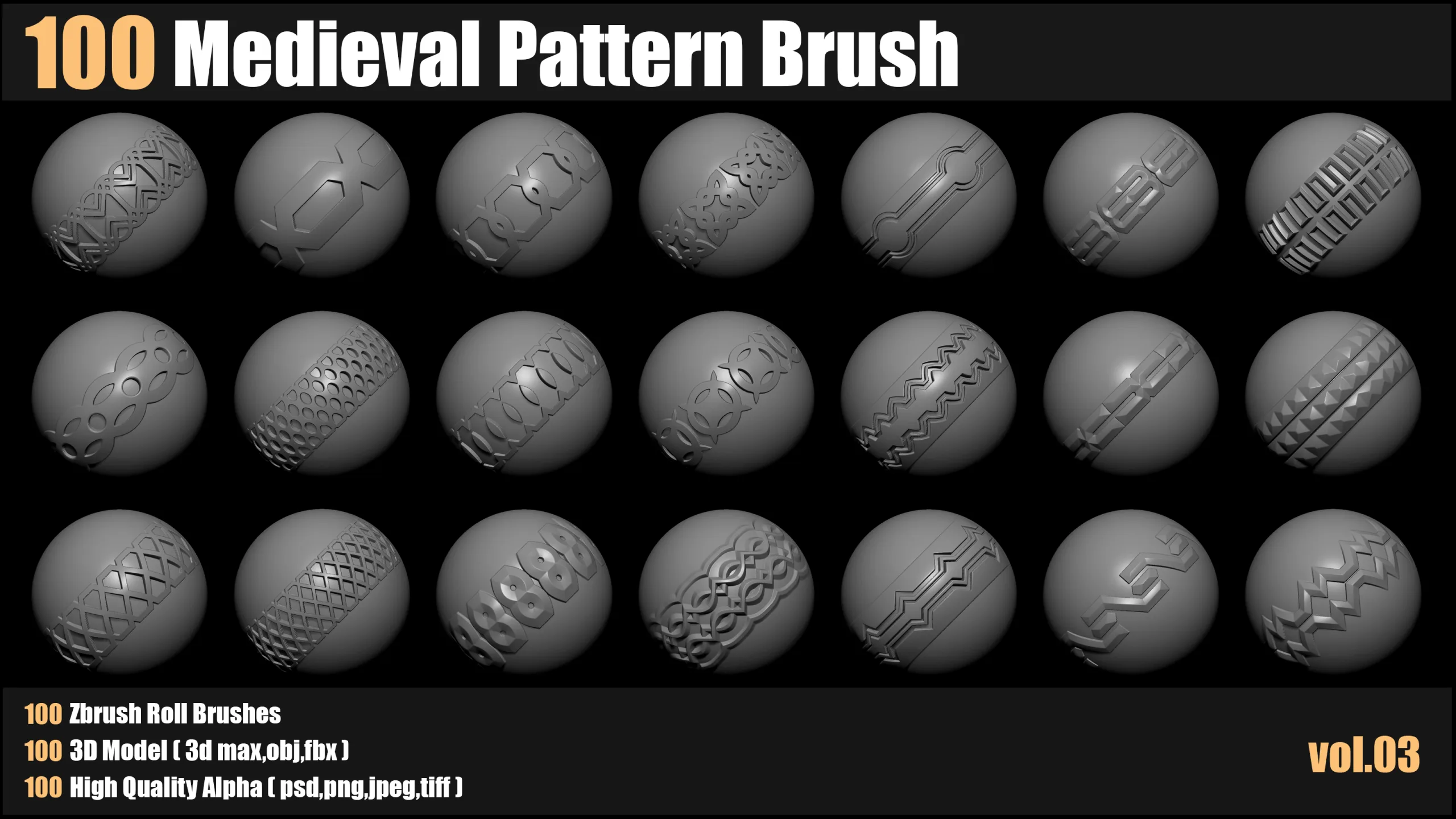 100 medieval Pattern Brush+3d Models+Alpha_VOL03