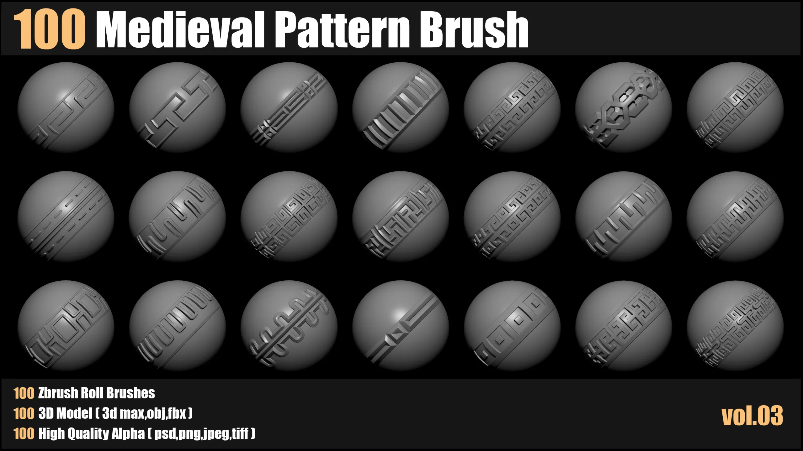 100 medieval Pattern Brush+3d Models+Alpha_VOL03