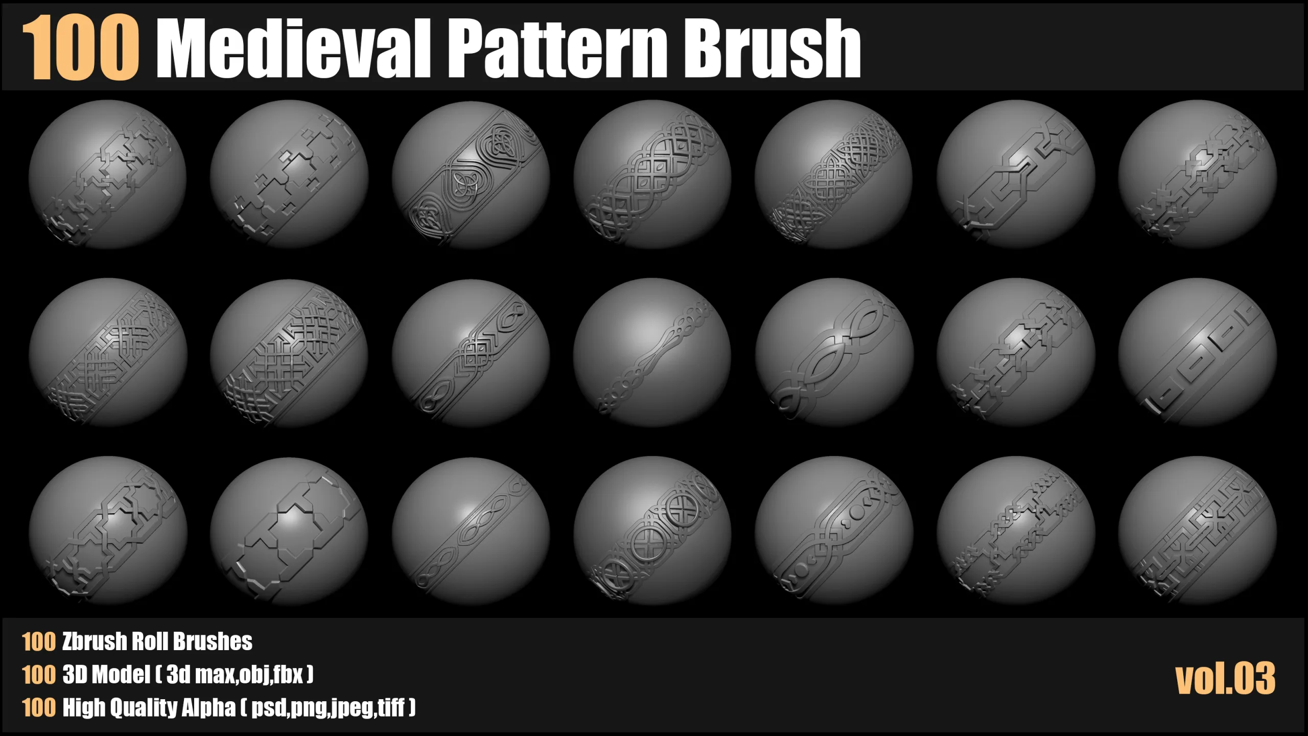 100 medieval Pattern Brush+3d Models+Alpha_VOL03