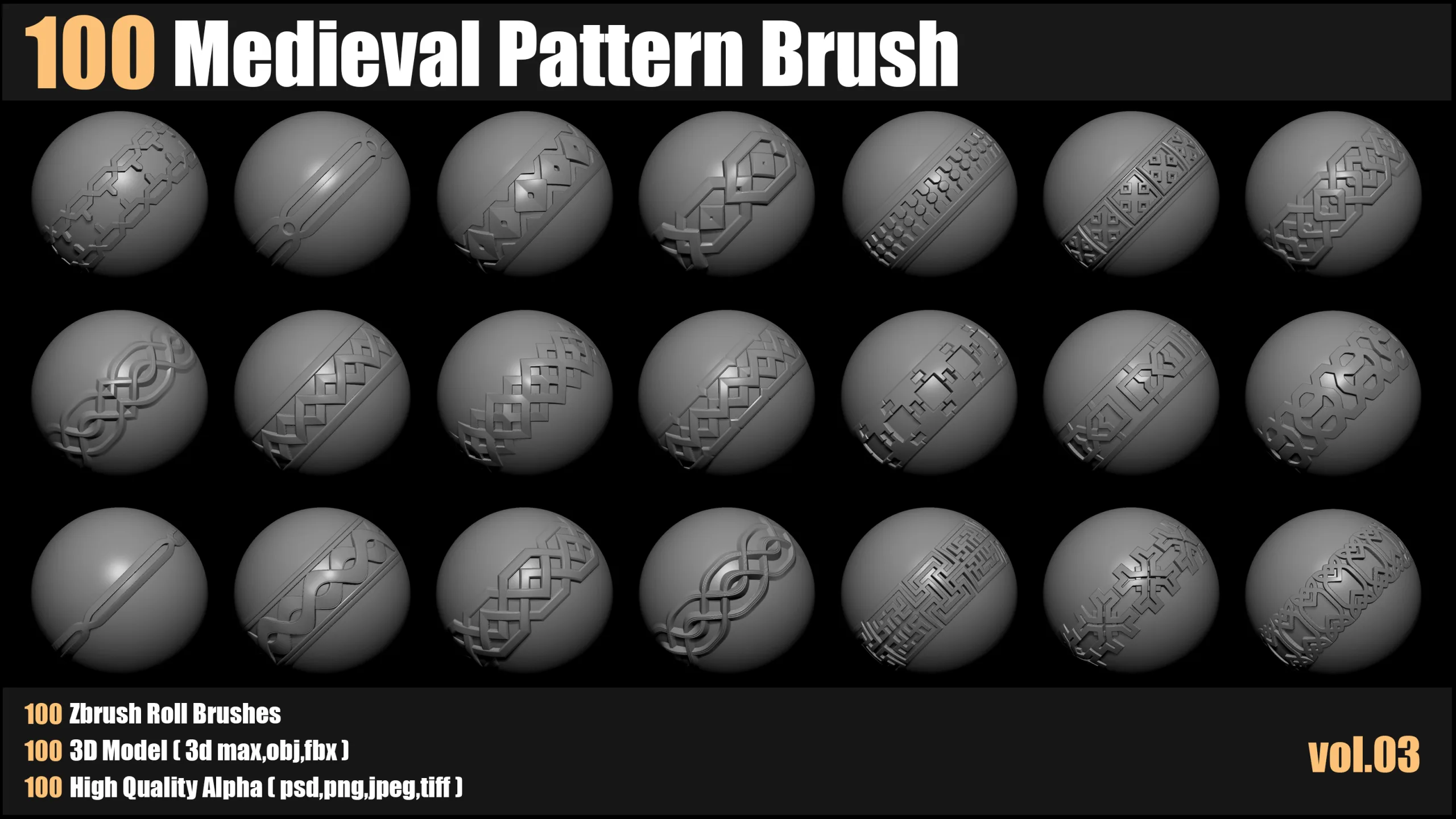 100 medieval Pattern Brush+3d Models+Alpha_VOL03