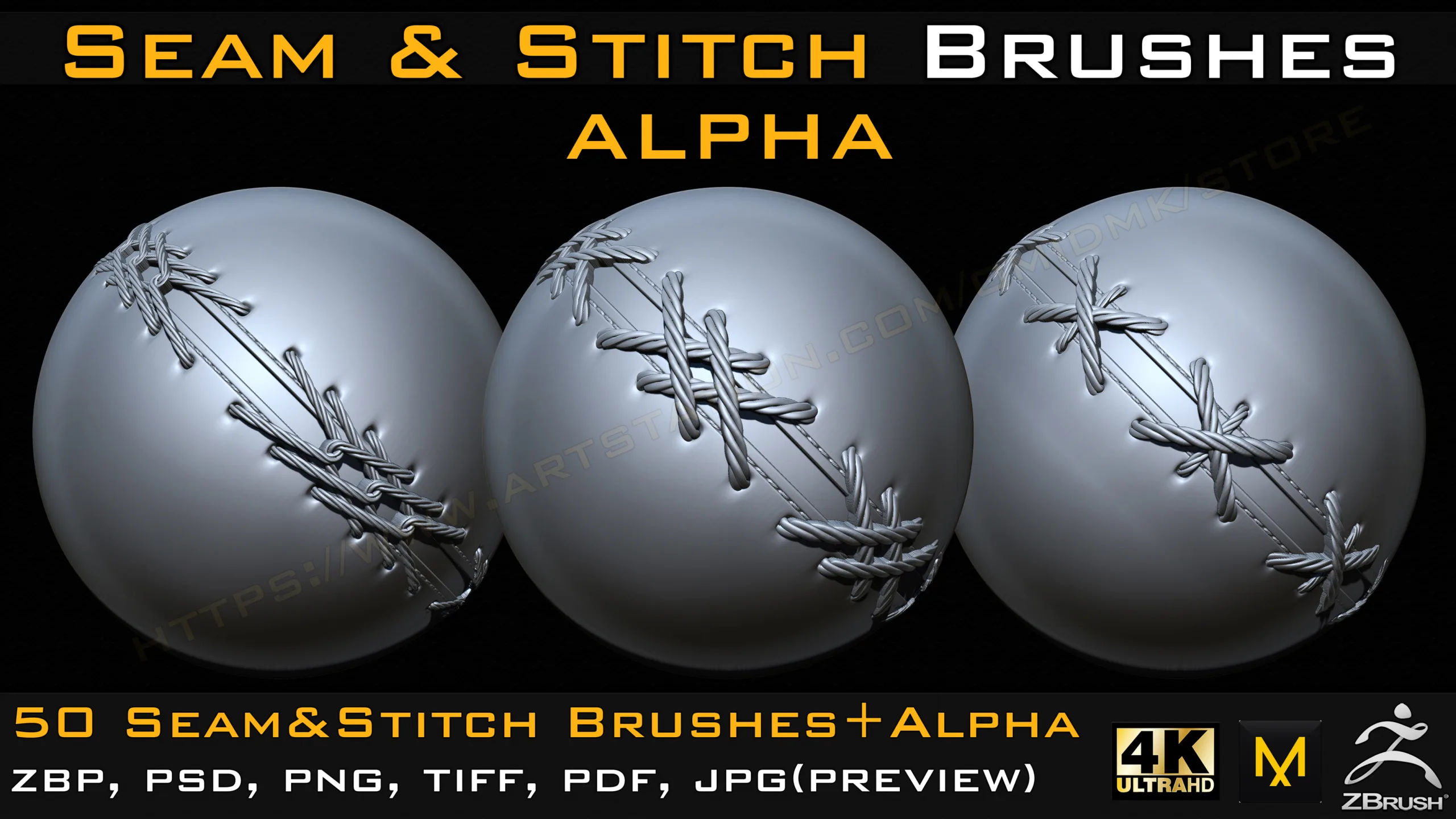 50 Seam & Stitch Brushes & Alpha (Tileable 4k-16bit) Vol.04