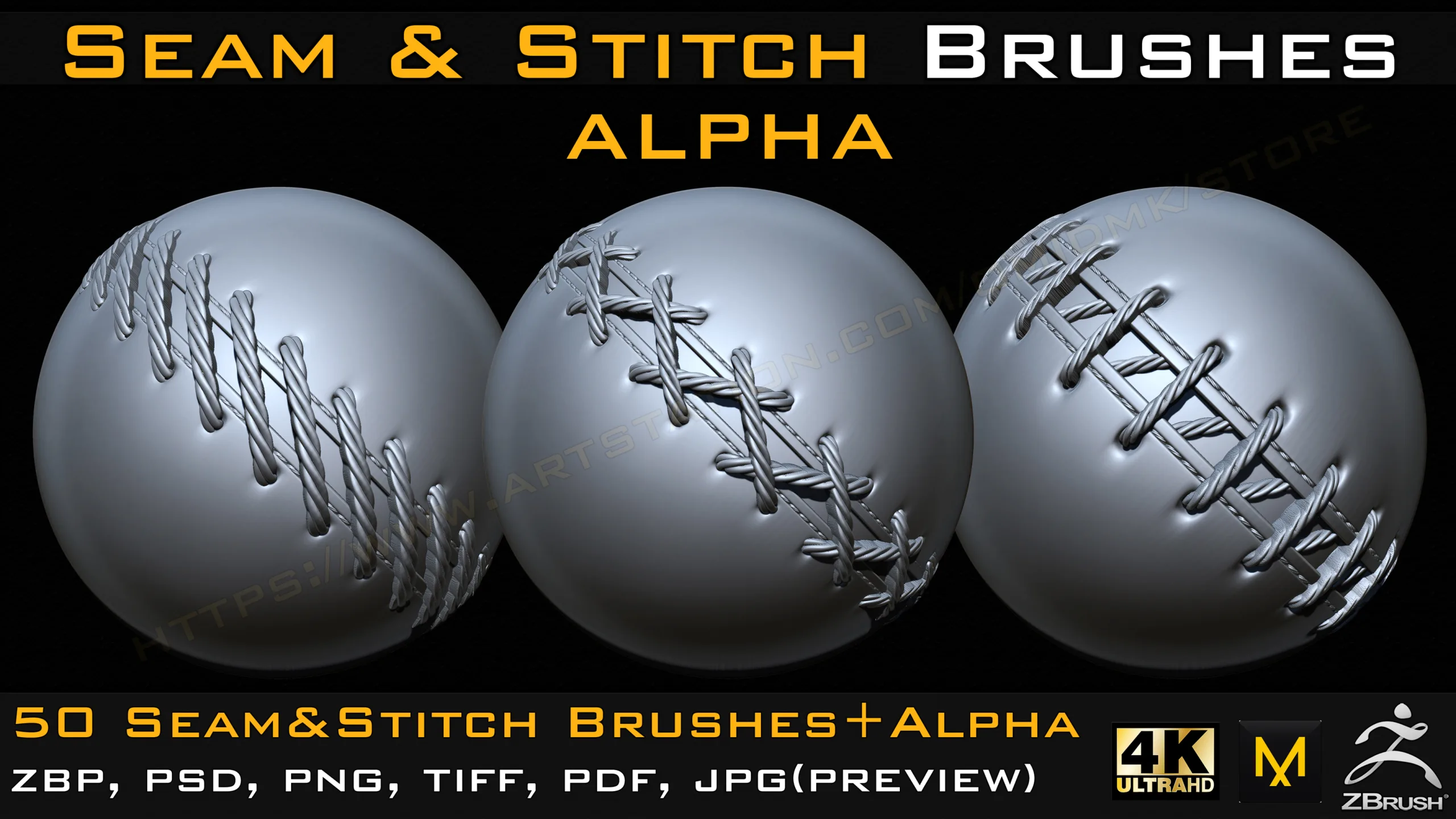 50 Seam & Stitch Brushes & Alpha (Tileable 4k-16bit) Vol.04