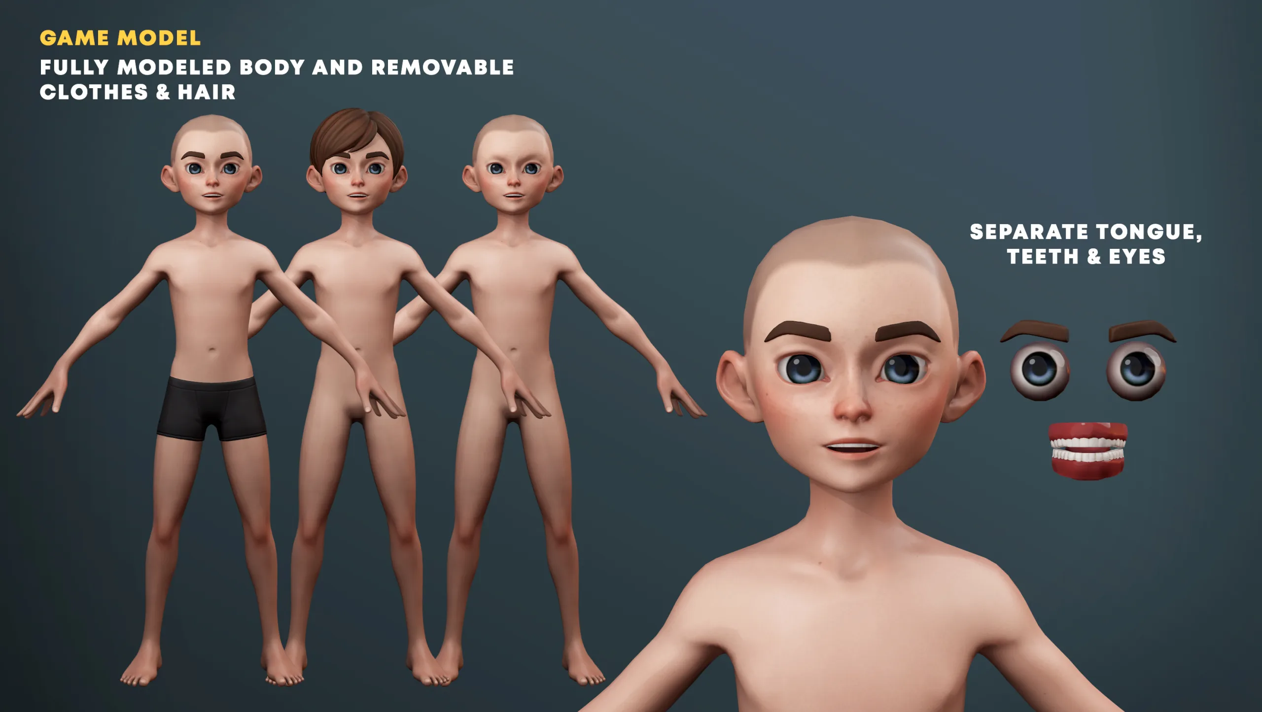 Stylized Cartoon Kid Game Model & Basemesh