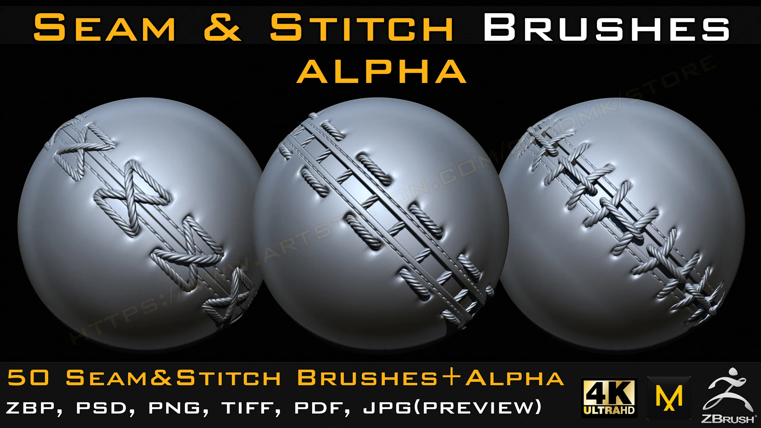 50 Seam & Stitch Brushes & Alpha (Tileable 4k-16bit) Vol.04