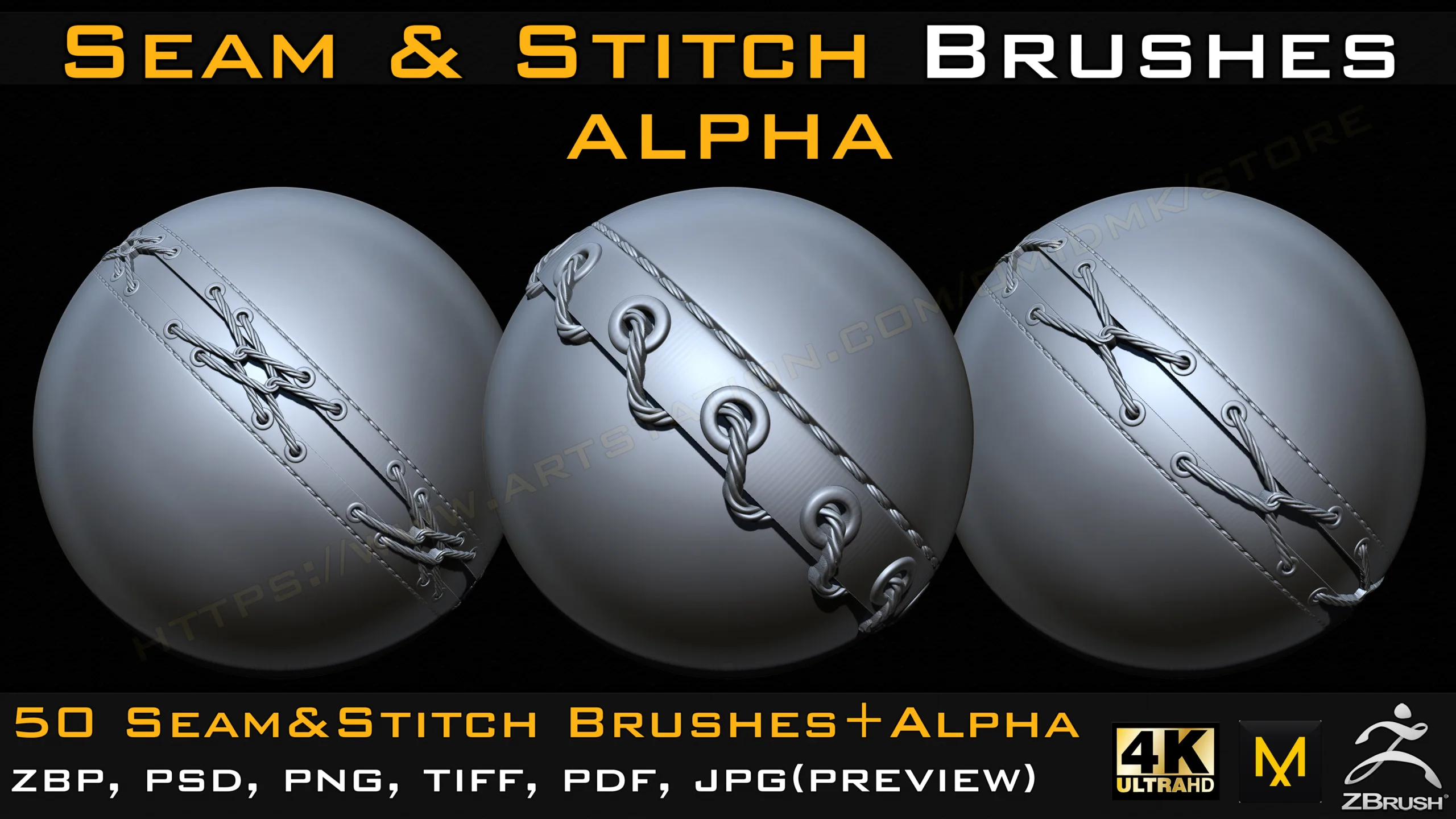 50 Seam & Stitch Brushes & Alpha (Tileable 4k-16bit) Vol.04