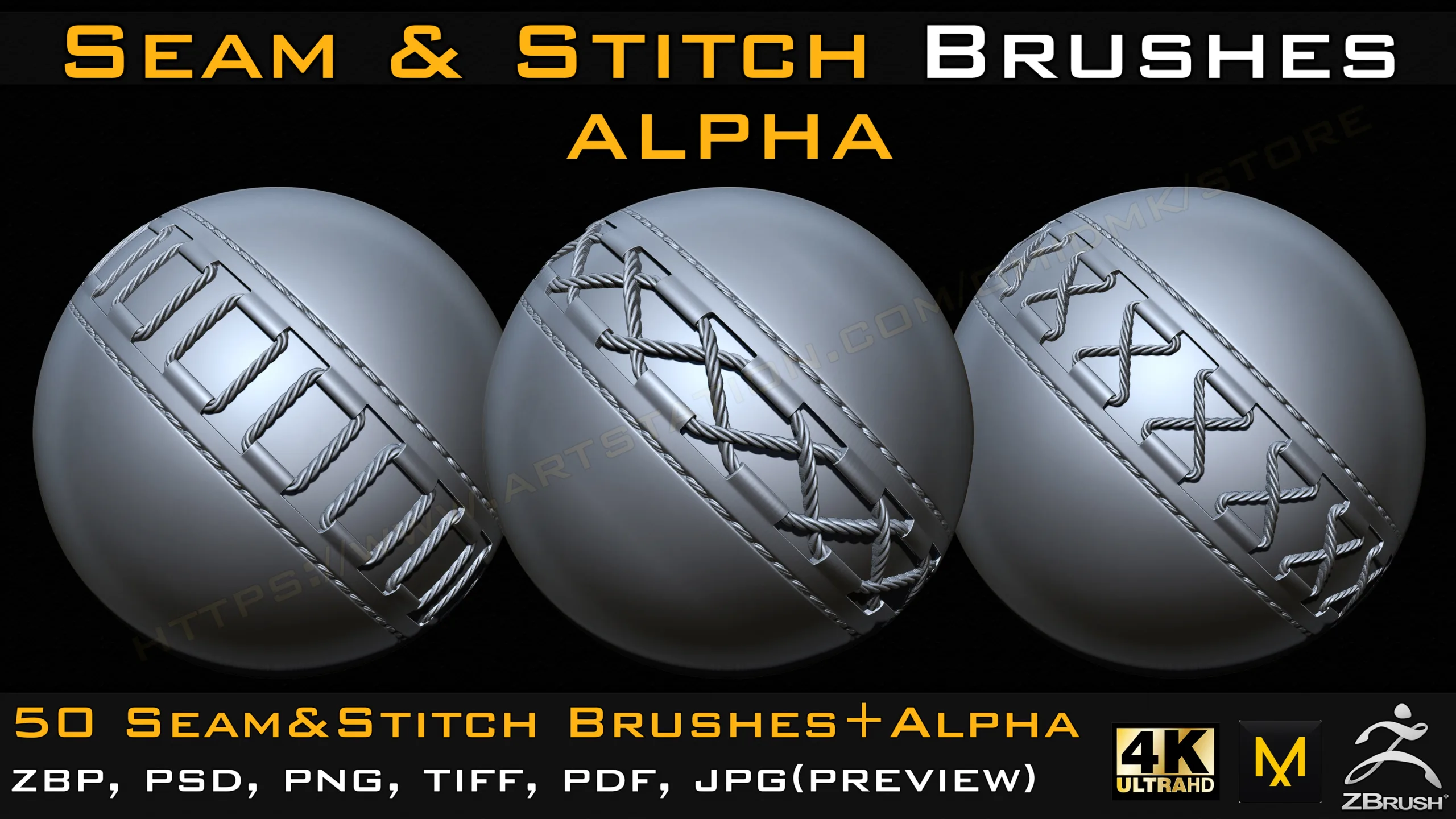 50 Seam & Stitch Brushes & Alpha (Tileable 4k-16bit) Vol.04