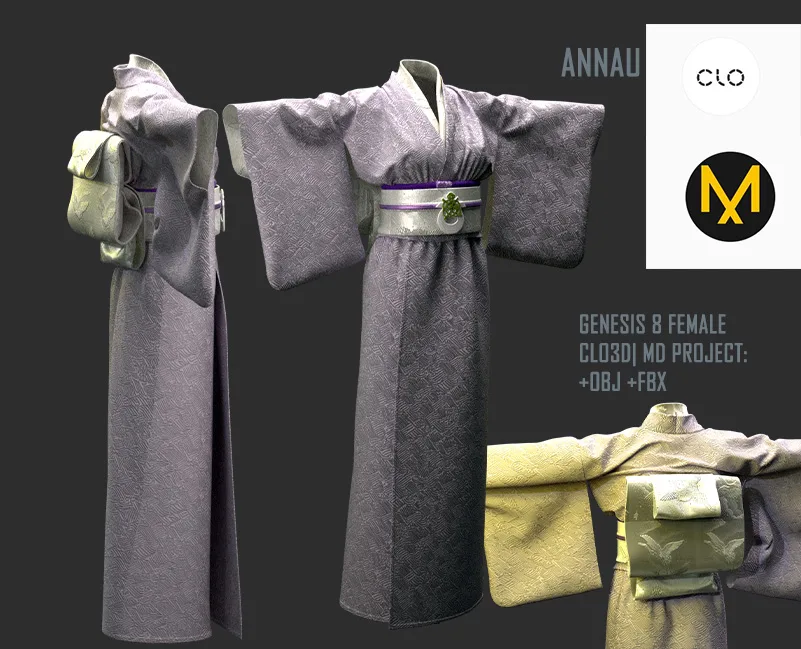 GENESIS 8 FEMALE: realistic kimono SET| CLO3D| MARVELOUS DESIGNER PROJECT +OBJ+GARMENT+FBX