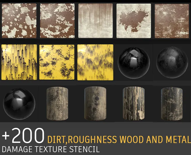 +200 Stencils: Dirt and Damage, Roughness, Metal, Wood